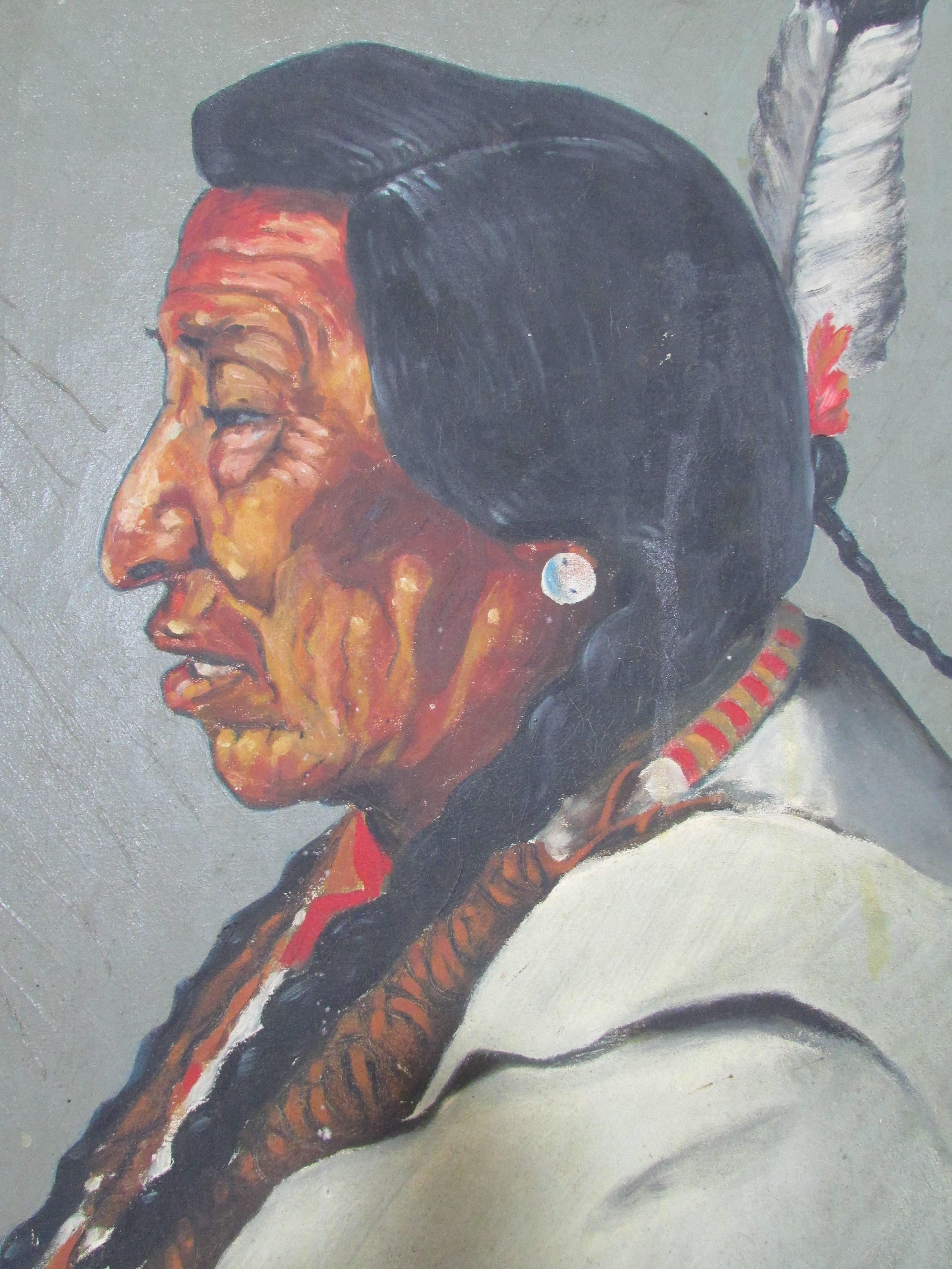 This is a fantastic oil on canvas of a Pecunnie Chieftain dated 1937 by bay area artist and muralist Don Clever.  This piece was likely painted to be used for advertising.  On the back it reads 'Blackfoot, "Pecunnie" December 1936.'