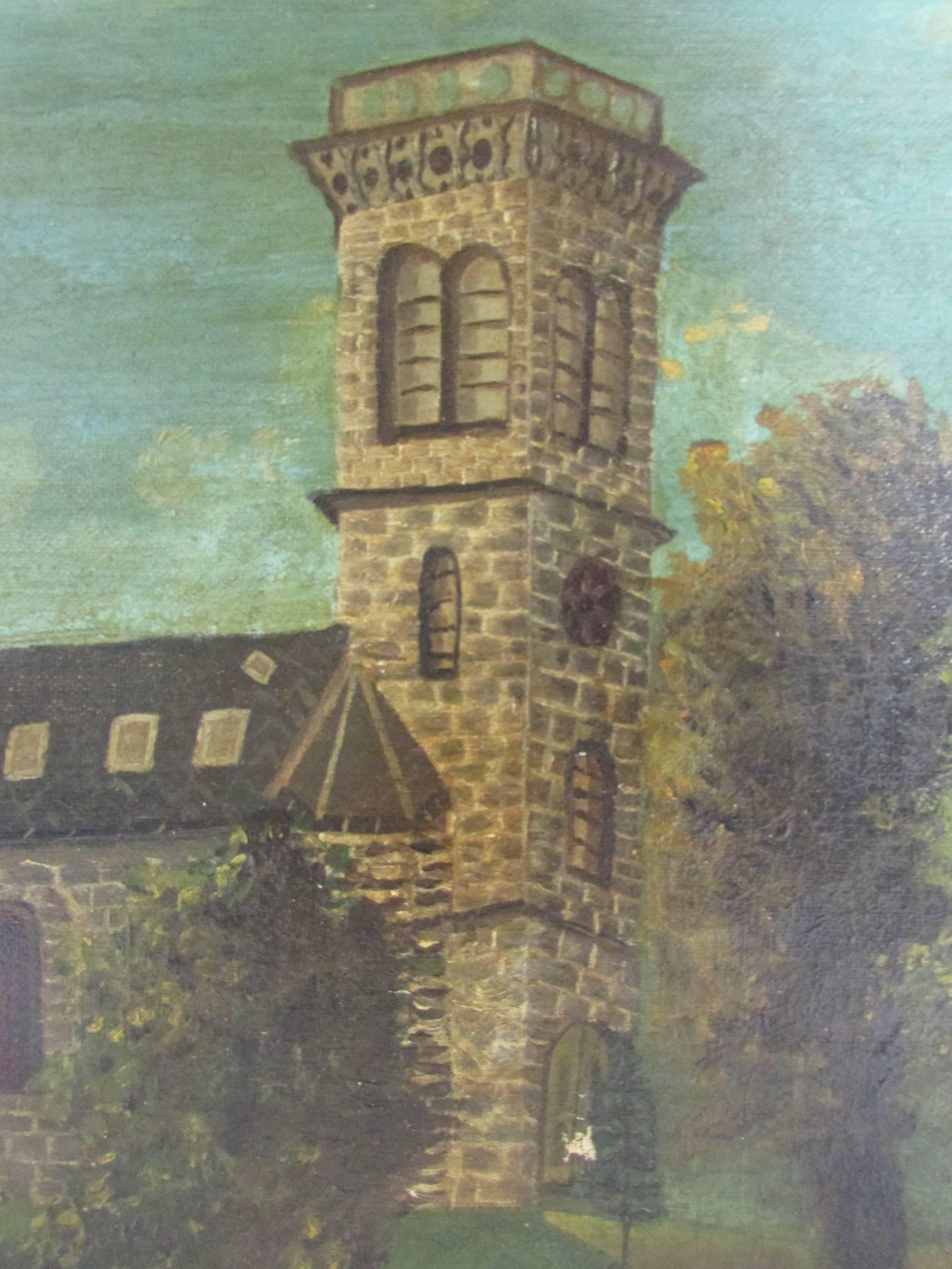 This is a lovely small painting of a countryside castle oil on canvas signed and dated 'MK 1886.'  On the backside, on the wood frame it reads, "PAT. OCT 7 '84." 