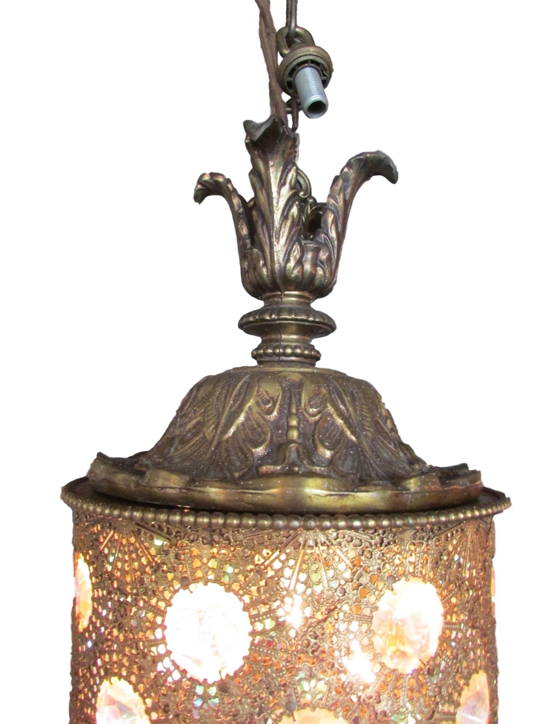 Other Brass Filigree Pendant Light with Iridescent Jewels 