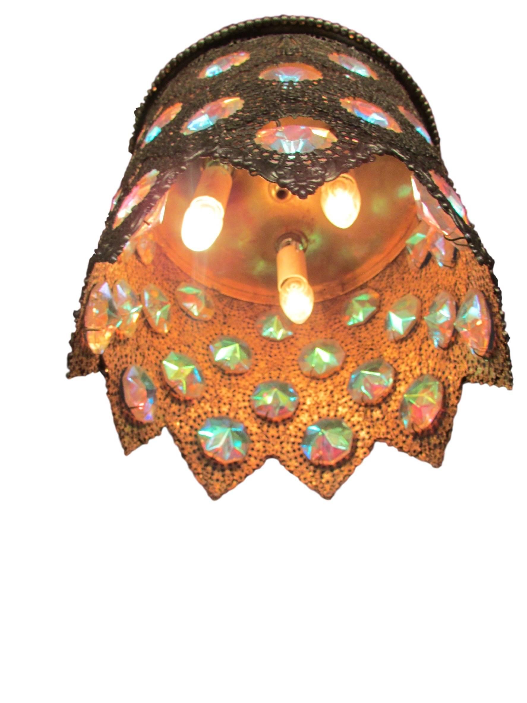 Unknown Brass Filigree Pendant Light with Iridescent Jewels 