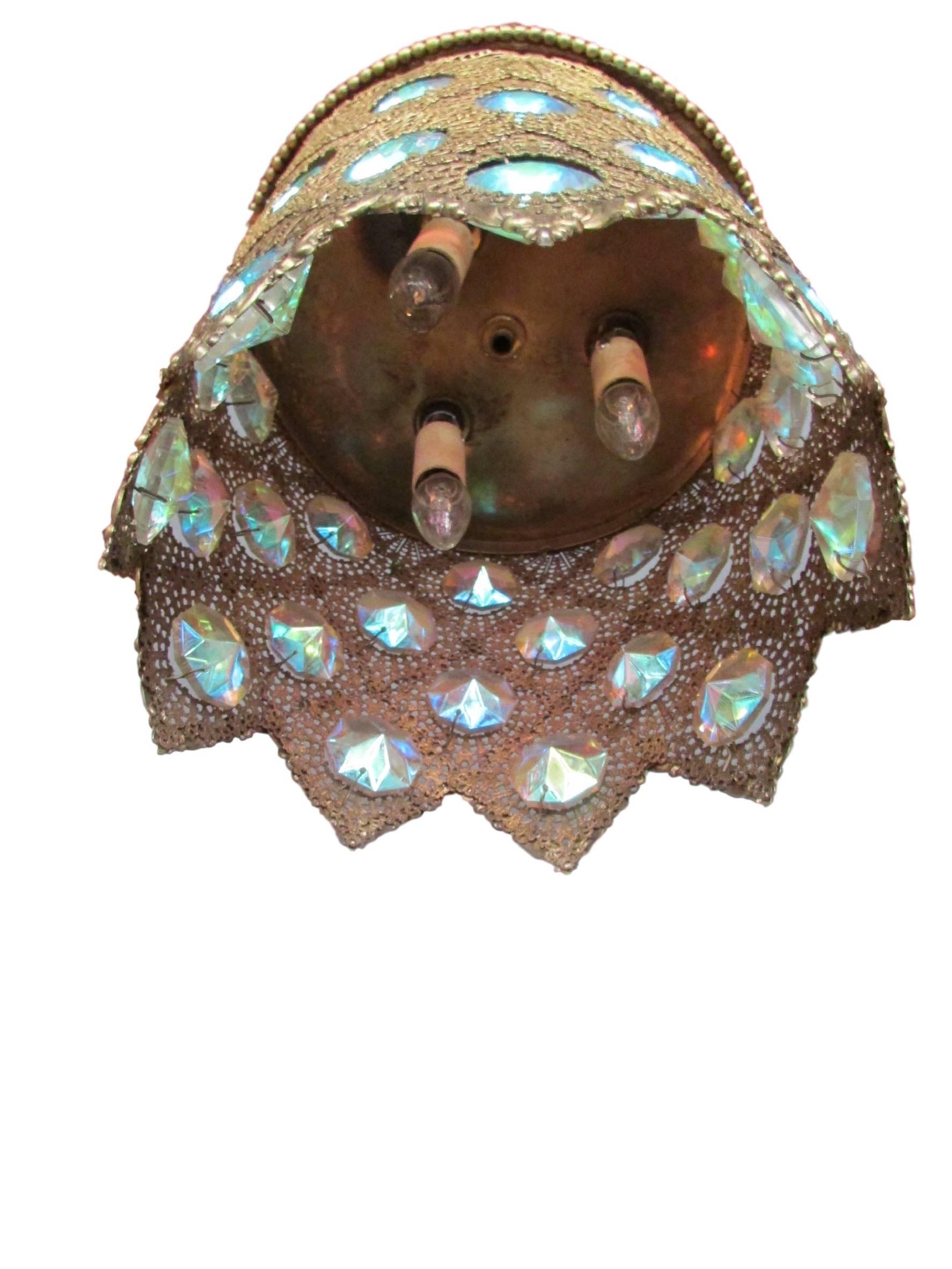 Mid-20th Century Brass Filigree Pendant Light with Iridescent Jewels 