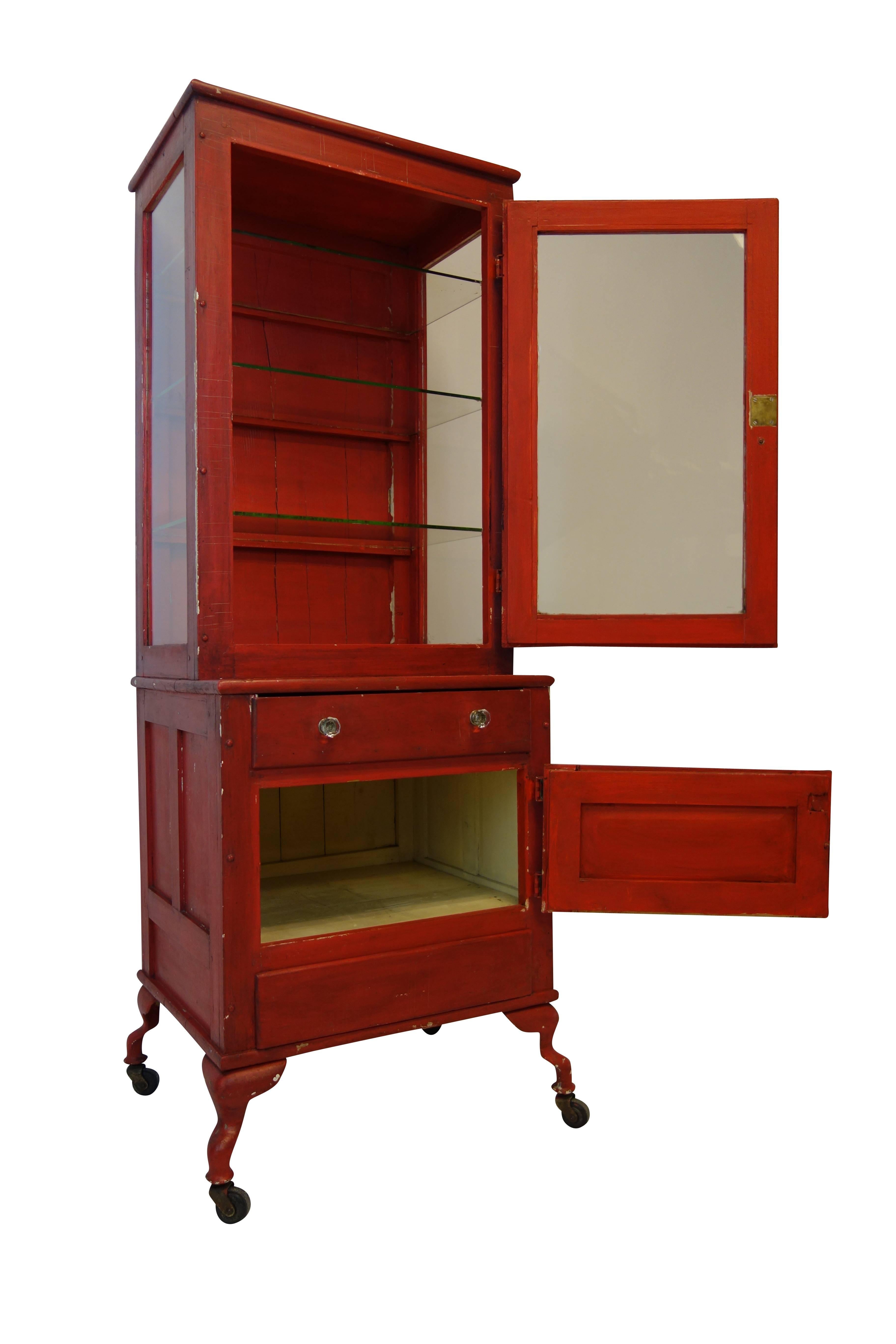 Wood Red Painted Medical Cabinet For Sale