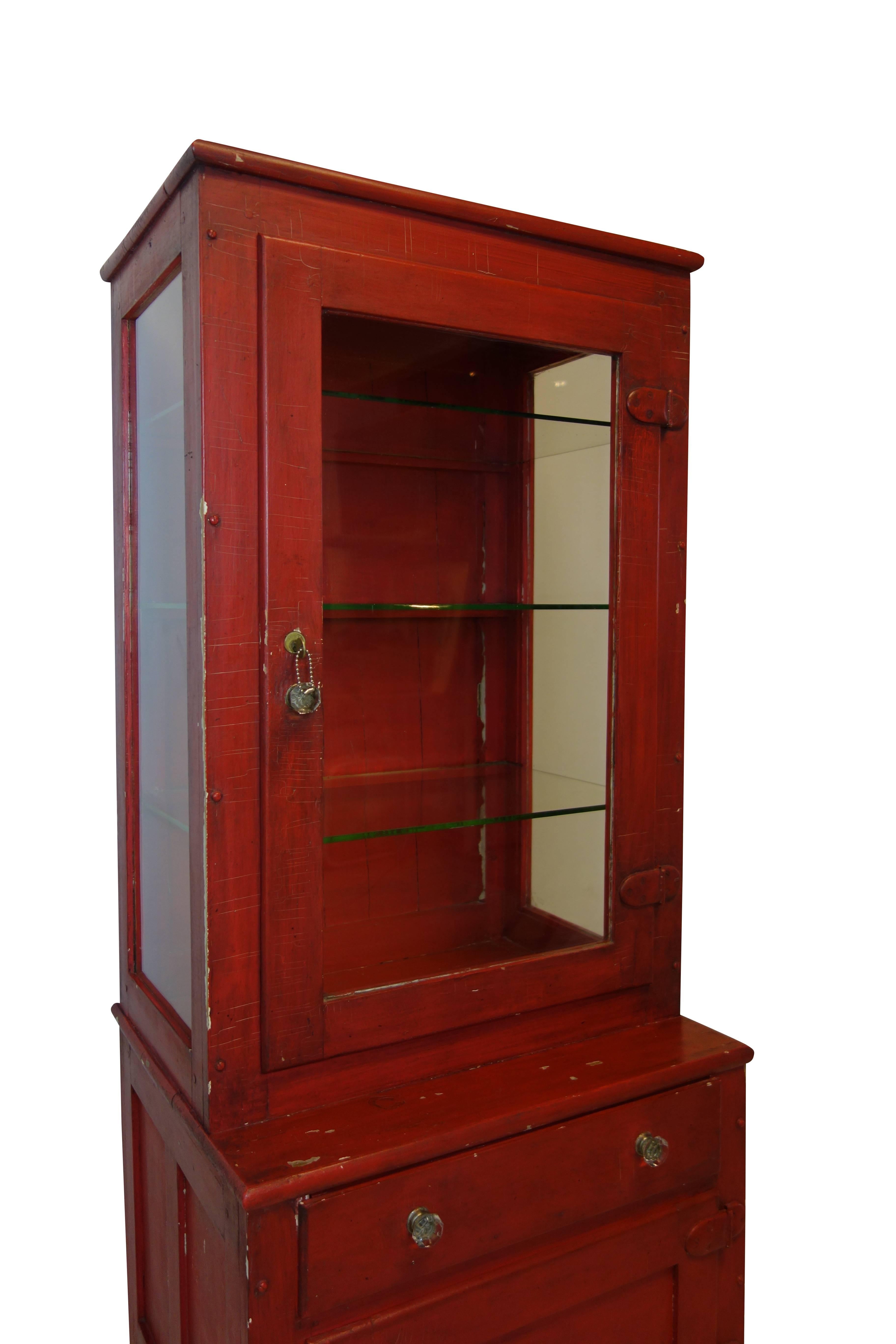 American Red Painted Medical Cabinet For Sale