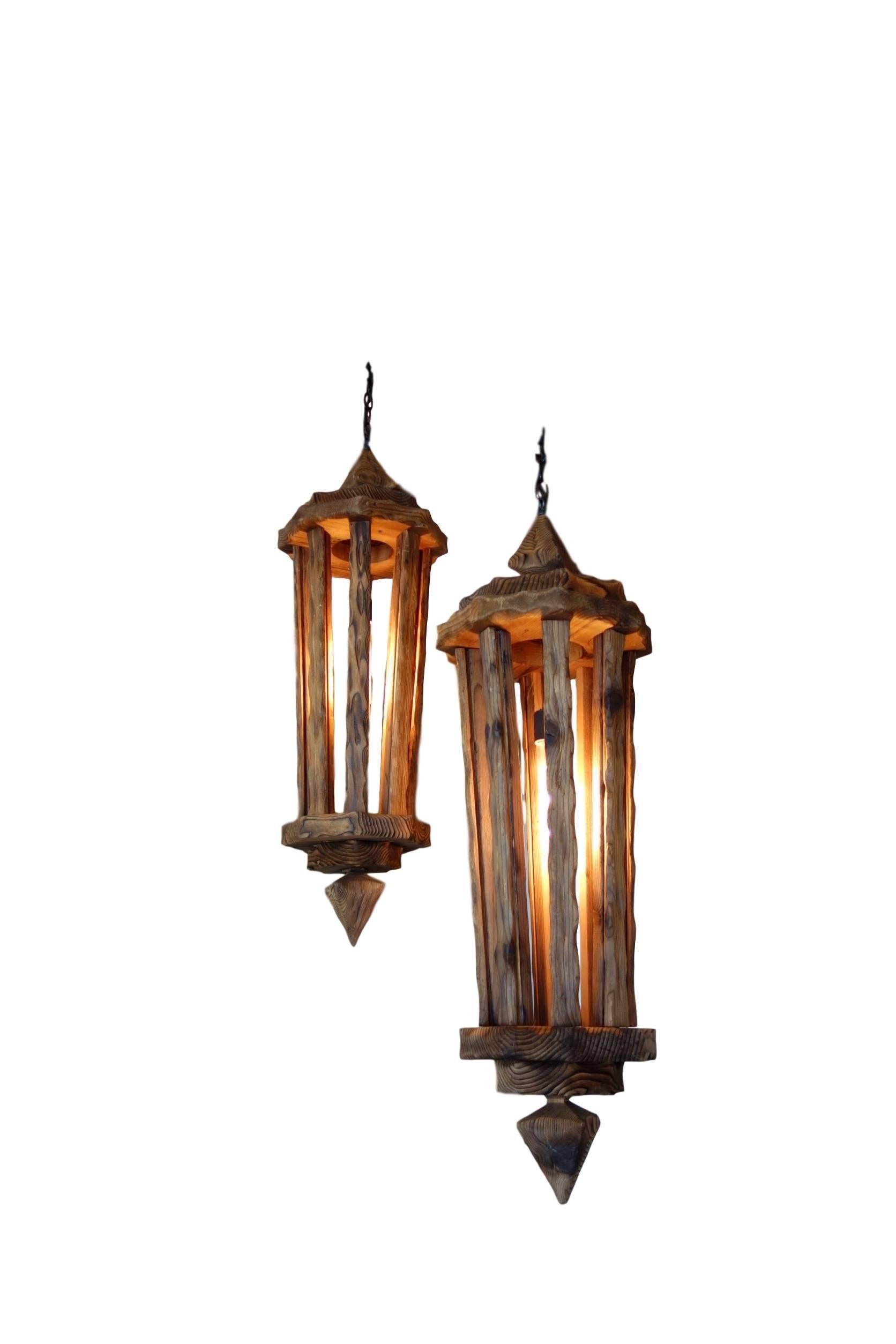 This is a pair of studio craft rustic lanterns, circa 1970.