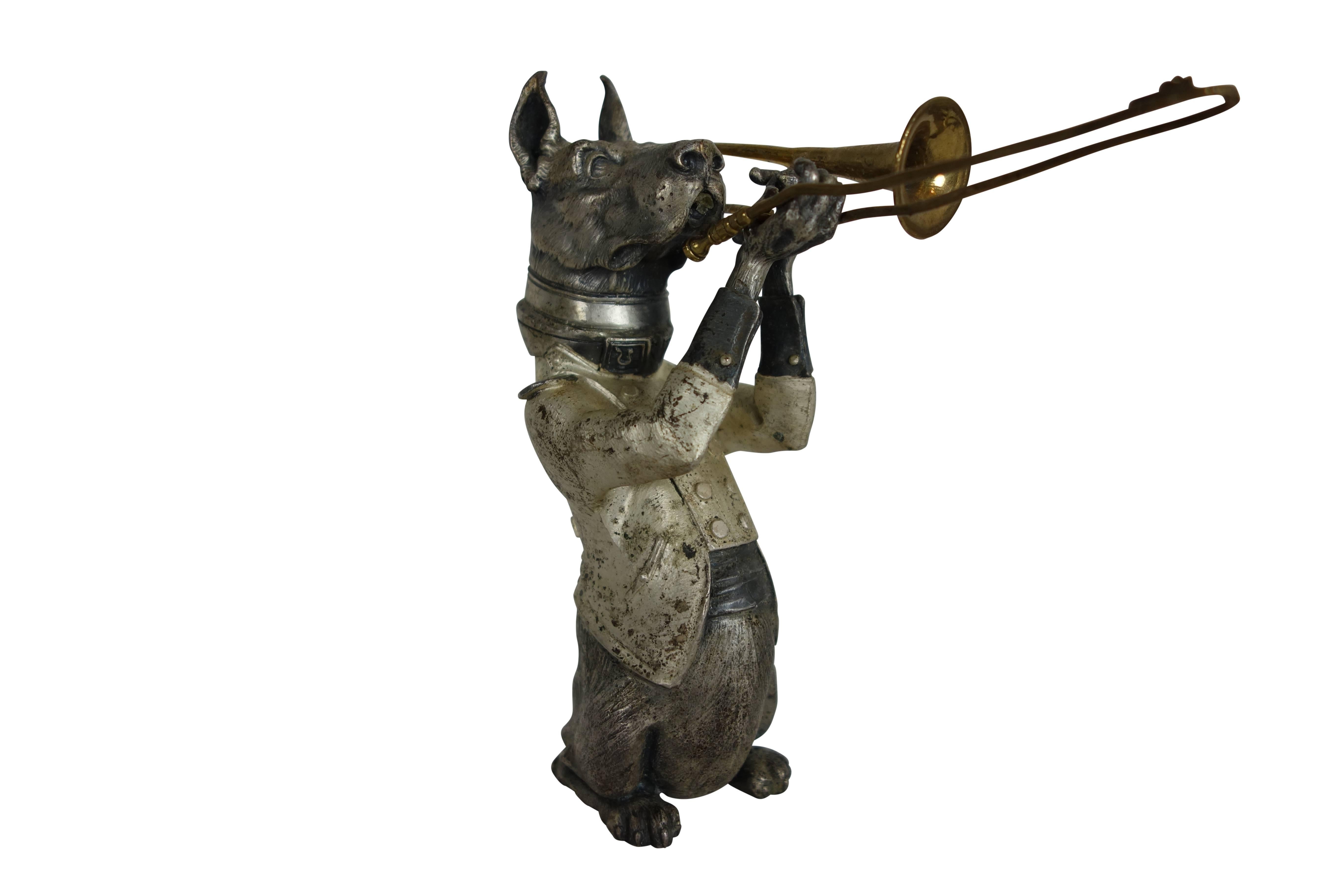 Brass Pair of Dogs Playing Instruments, “Collie & Dogo”