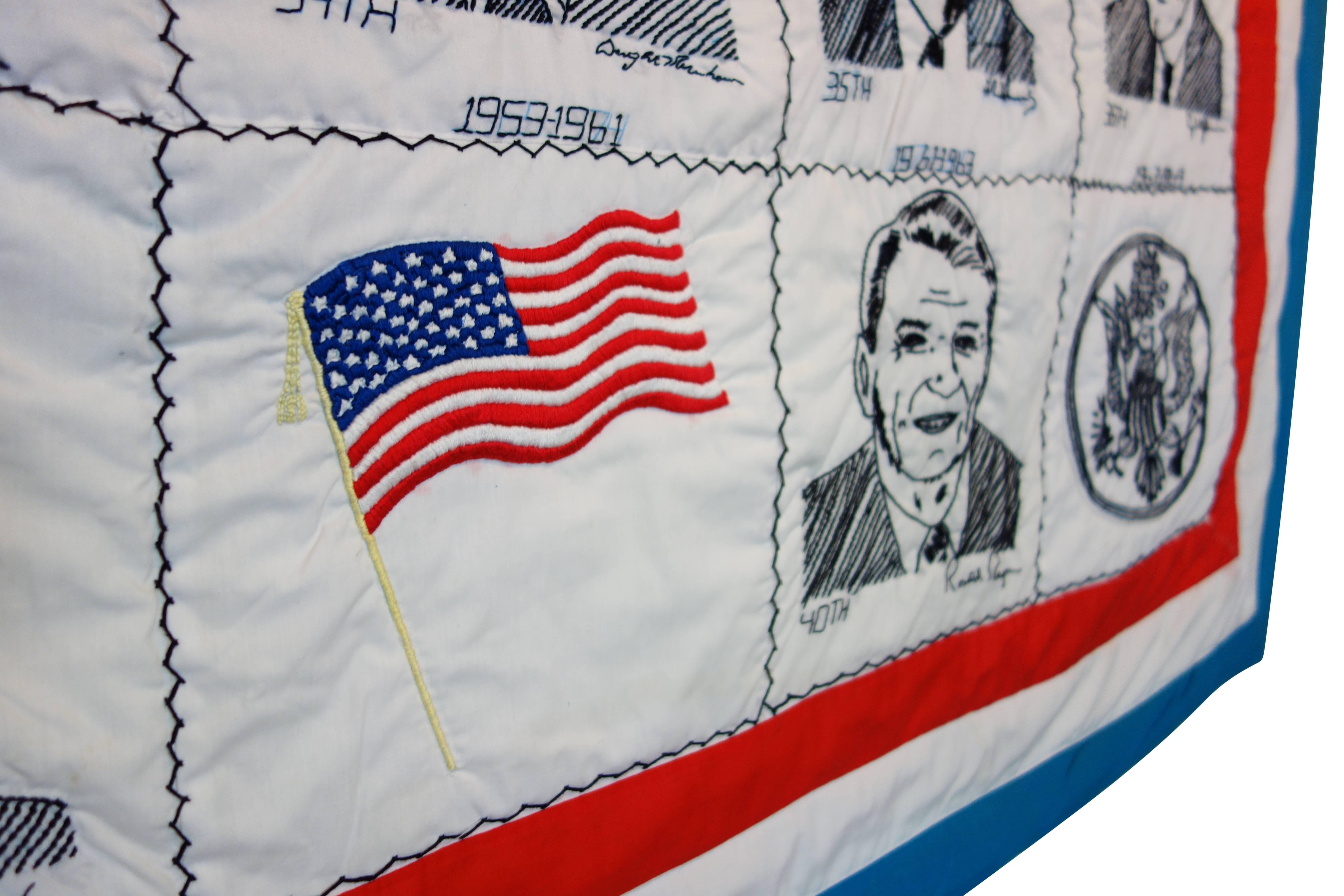 Cotton Hand Embroidered Presidential Quilt, circa 1980