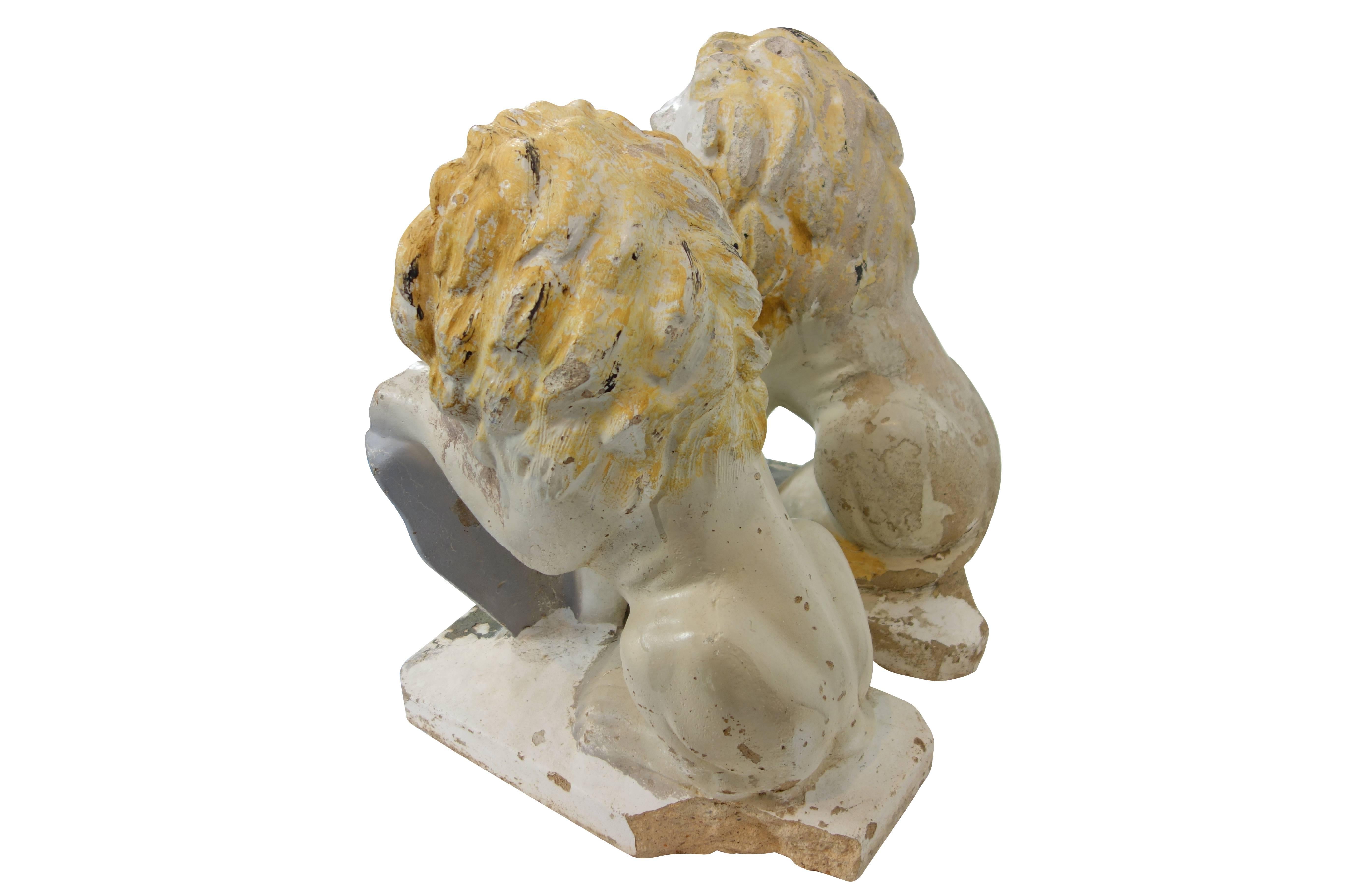 Pair of Painted Concrete Garden Lion Statues 1