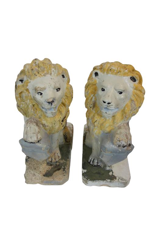 Pair of Painted Concrete Garden Lion Statues at 1stDibs