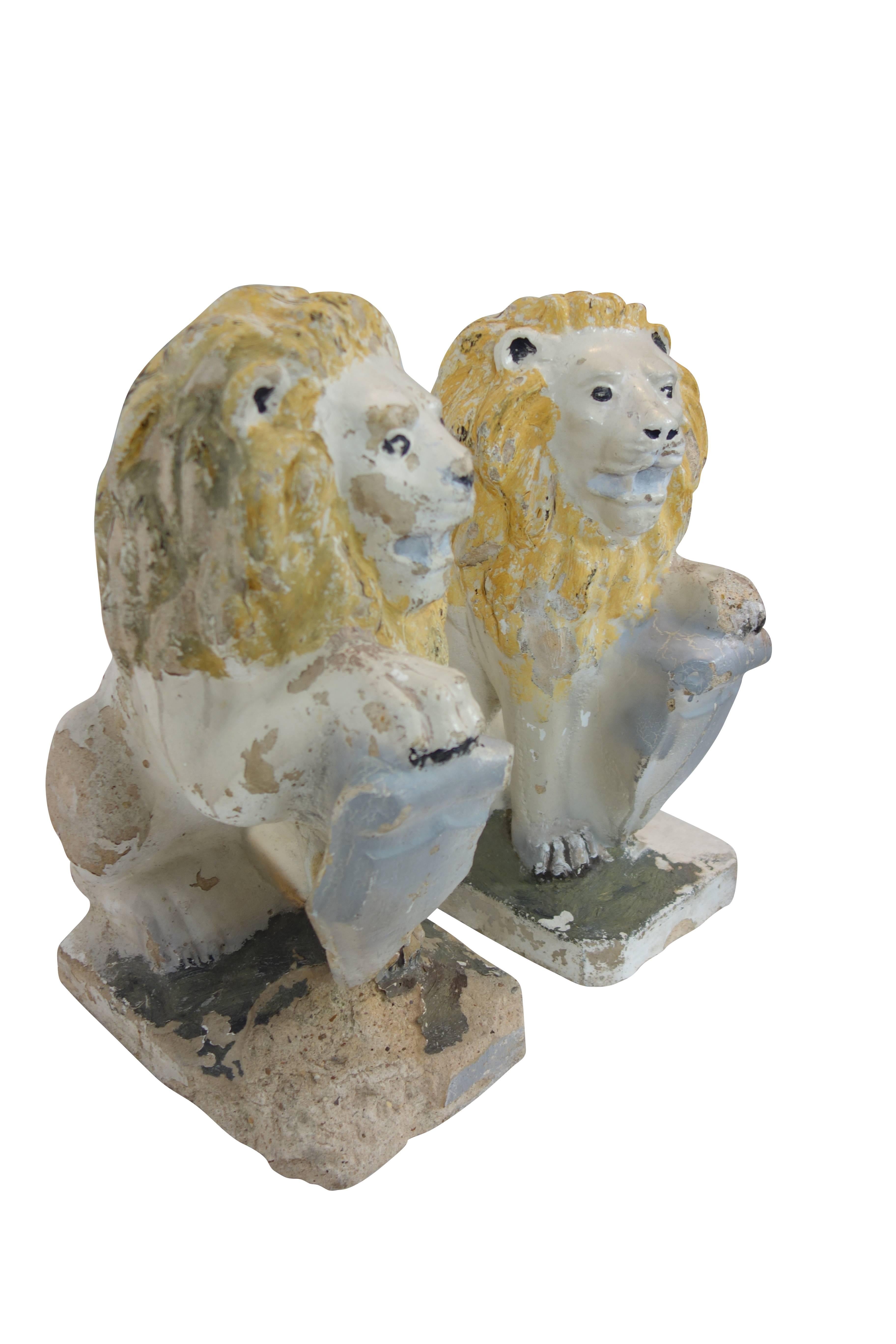 Pair of Painted Concrete Garden Lion Statues In Good Condition In Seattle, WA