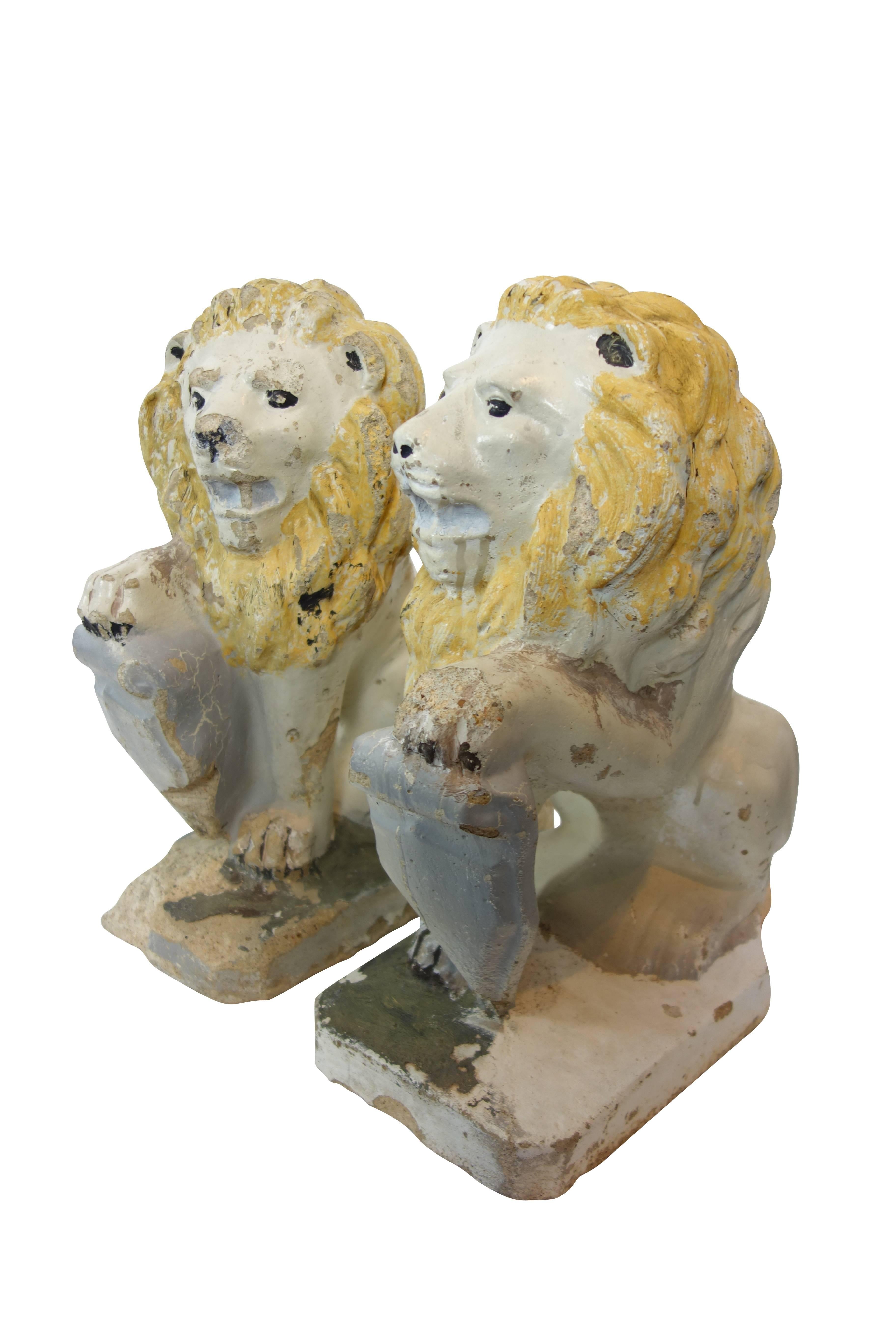 20th Century Pair of Painted Concrete Garden Lion Statues