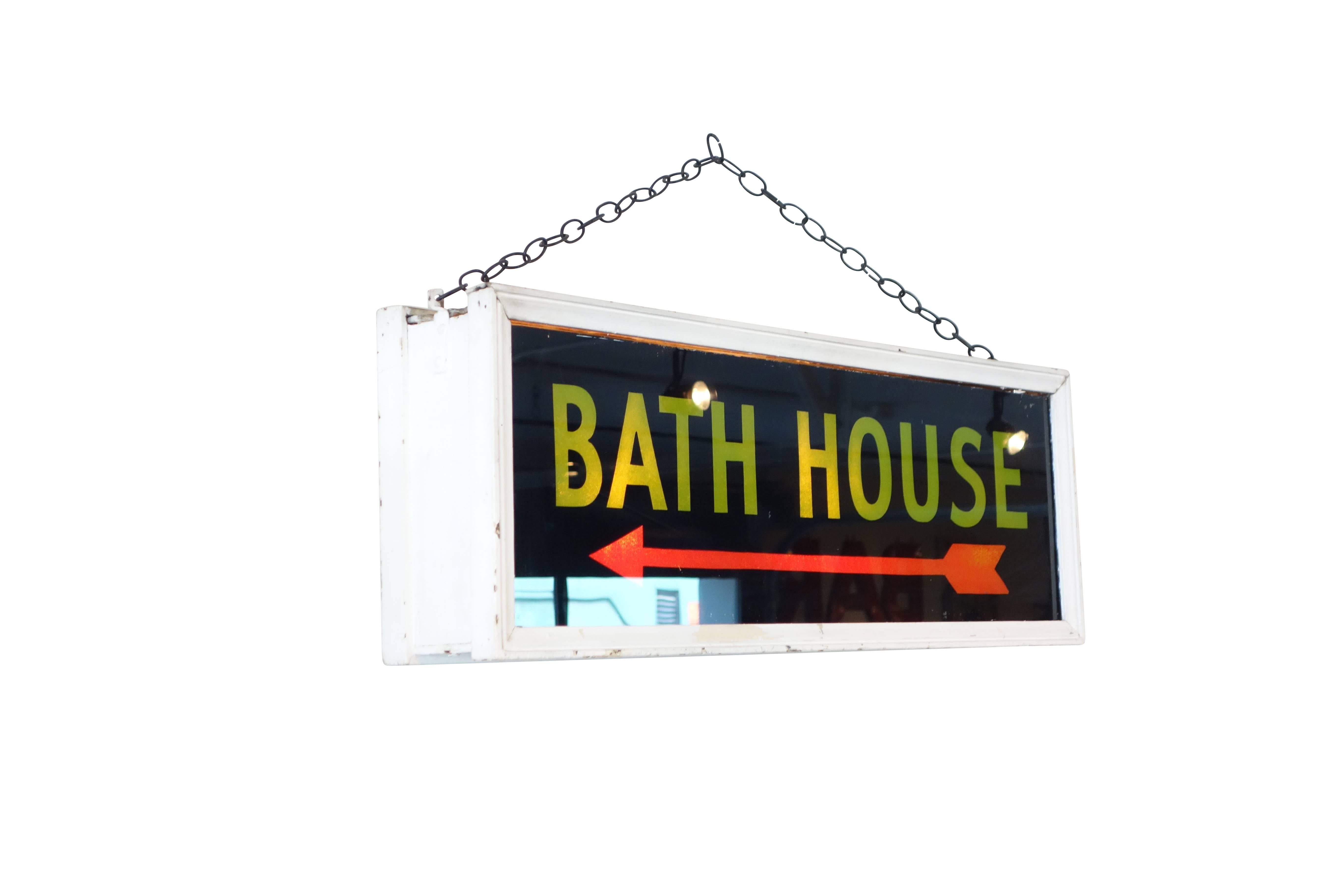 Folk Art Illuminated Reverse Painted “Bath House” Sign, circa 1950