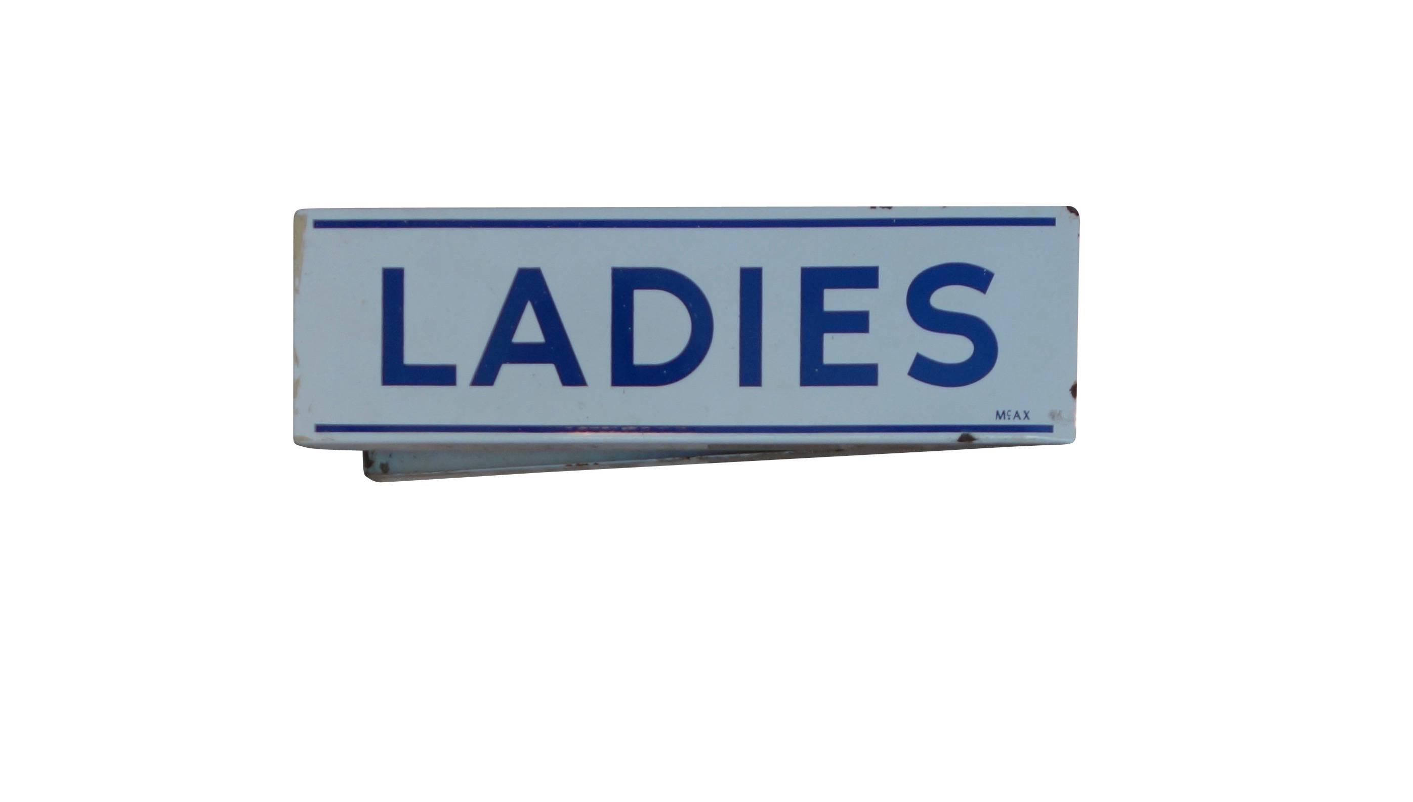 Double Sided Porcelain Enamel Ladies Restroom Sign In Excellent Condition For Sale In Seattle, WA