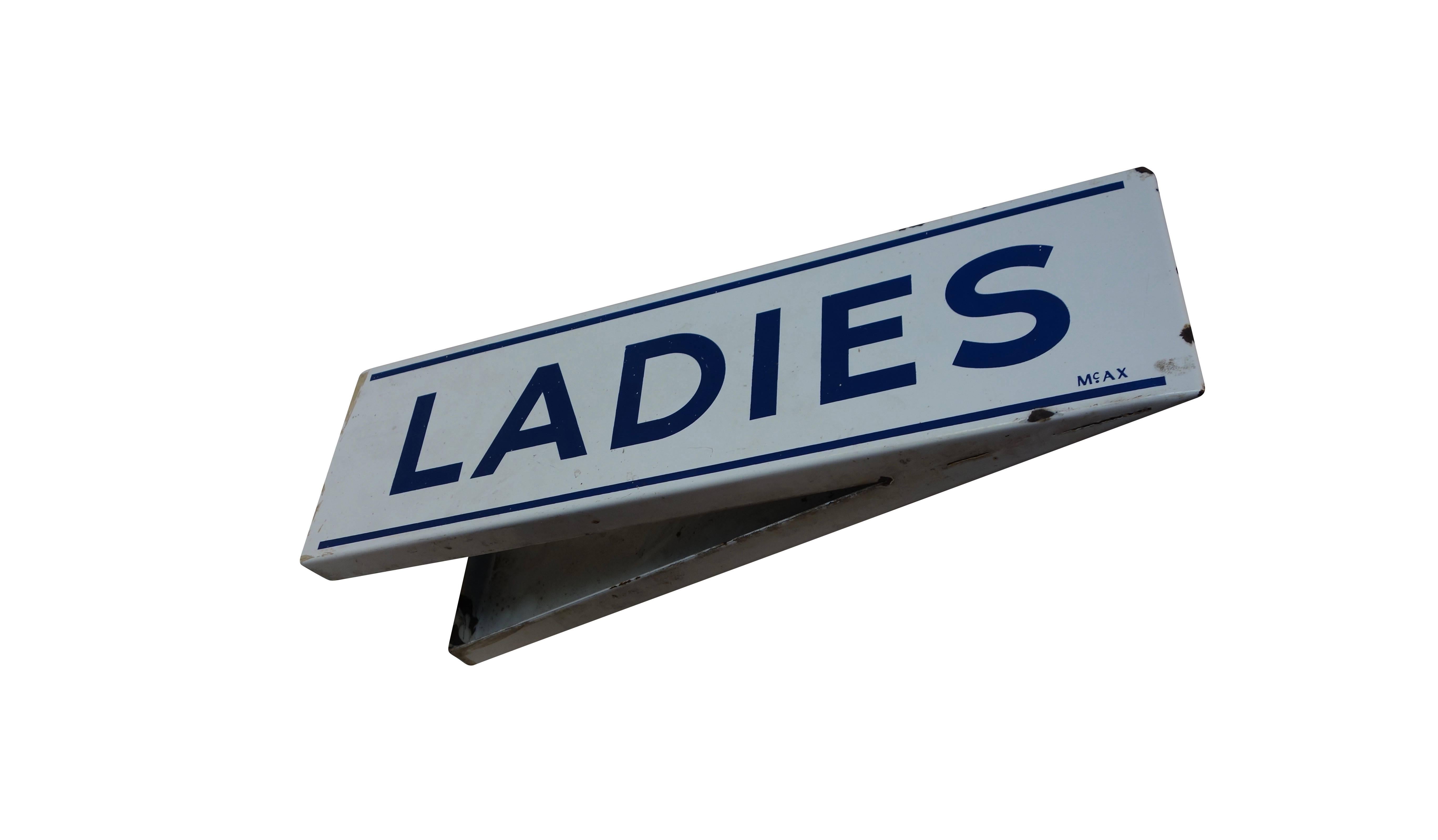 20th Century Double Sided Porcelain Enamel Ladies Restroom Sign For Sale