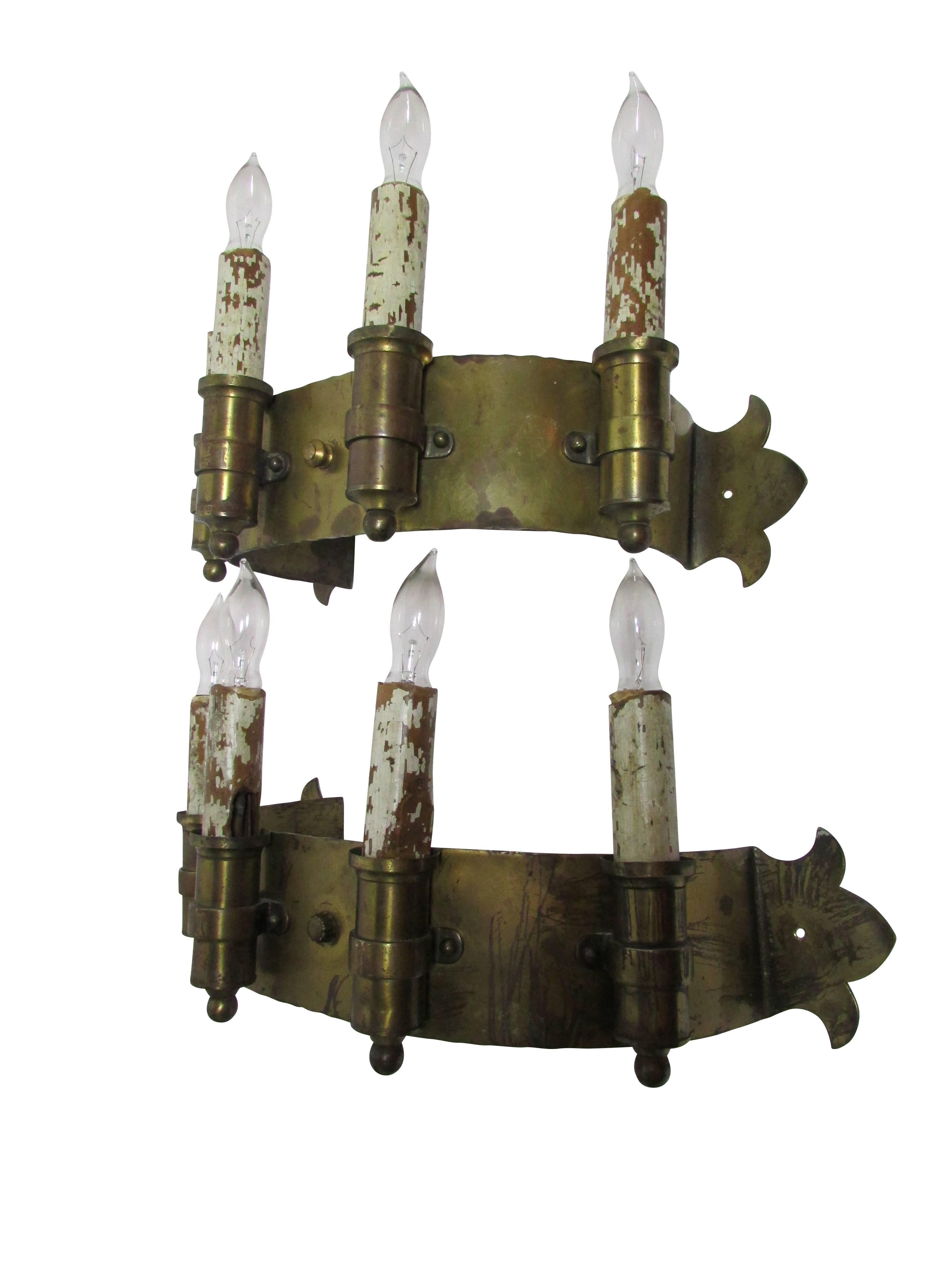 American Pair of Brass Four Candle Sconces