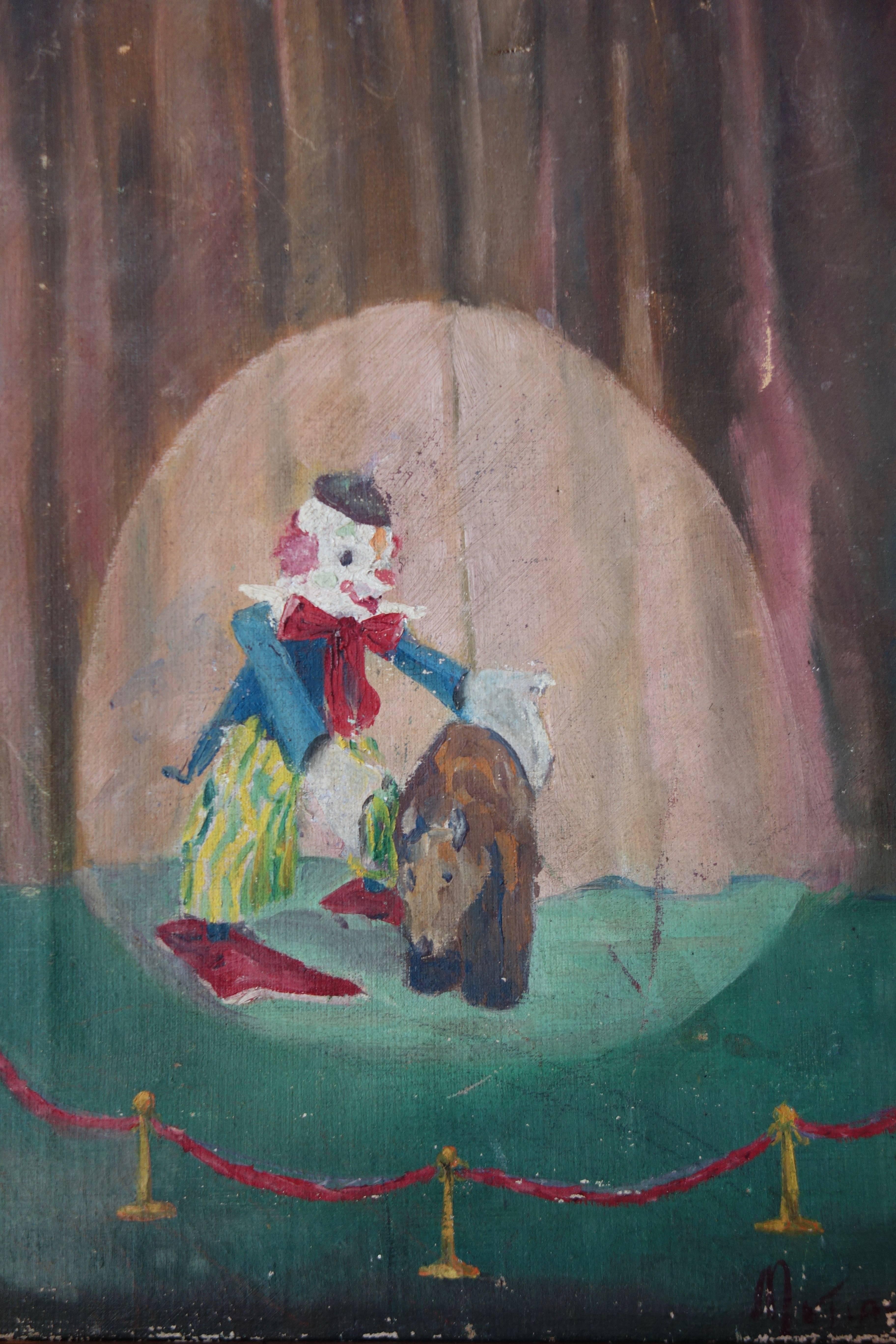 Folk Art “Ta Da, a Bear” Clown and Bear Oil on Canvas, Dated 1954