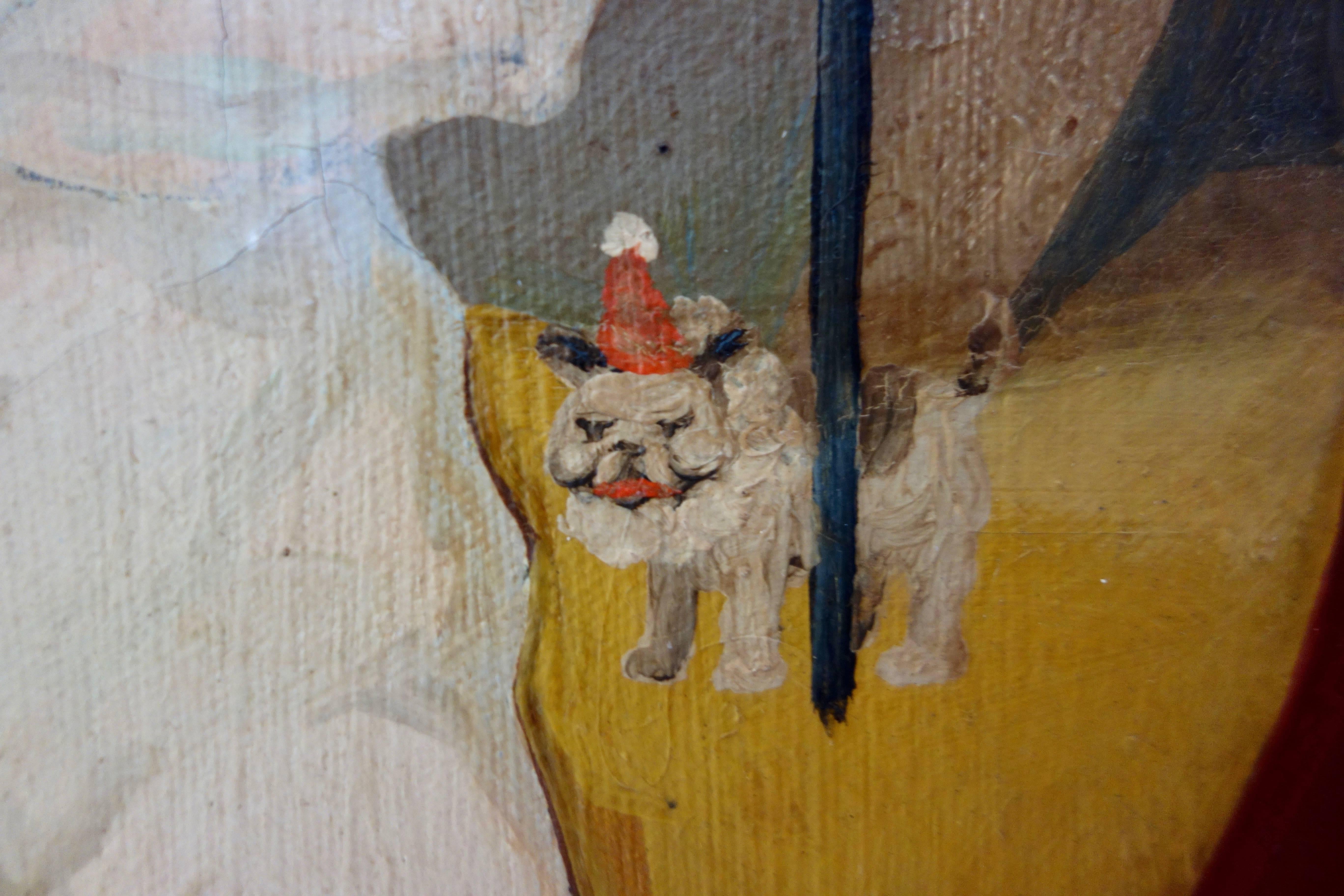 This is a playful circus freak show painting depicting a nude woman, little person, and pug dog wearing a party hat, circa 1930.