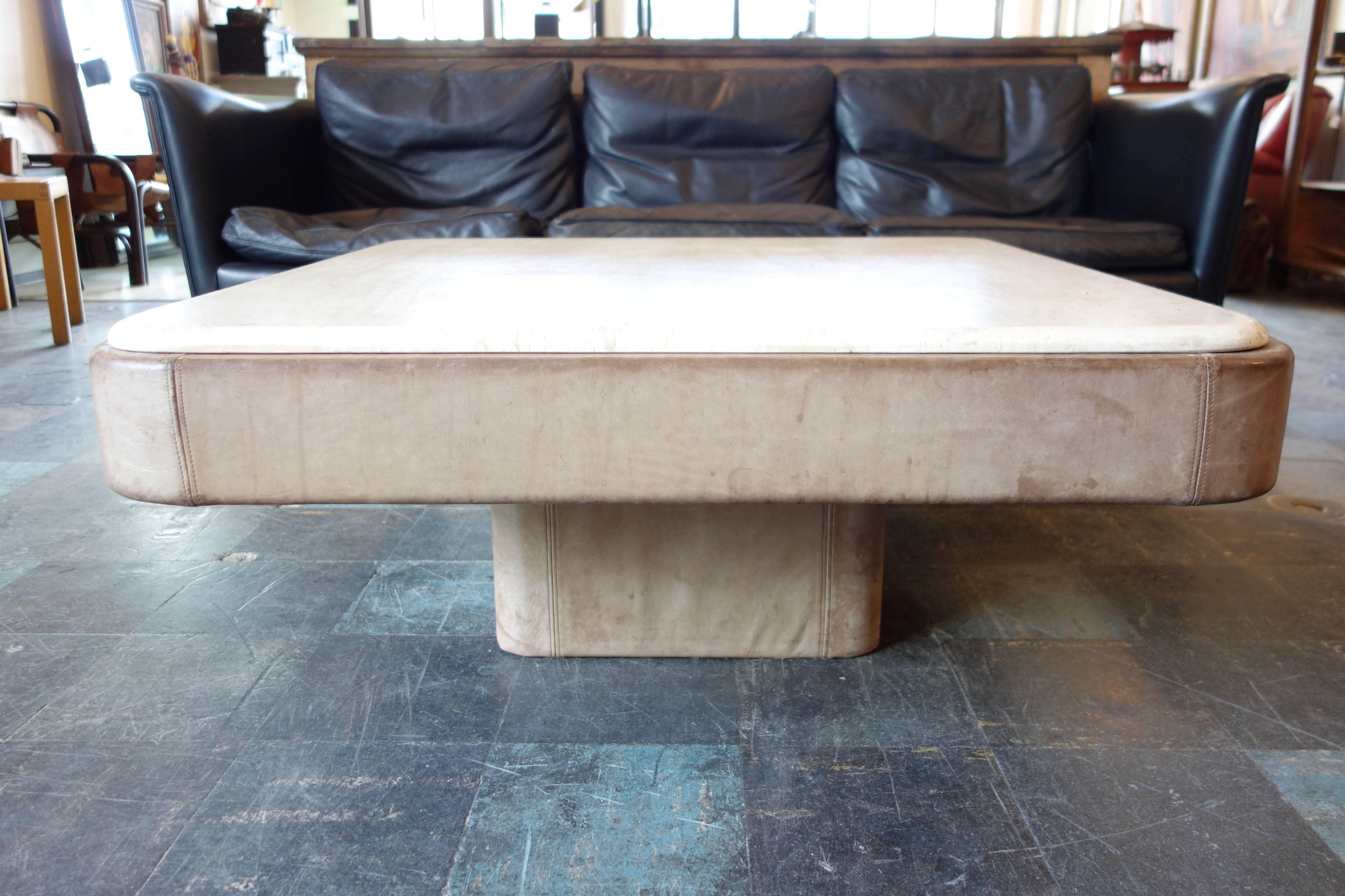Late 20th Century Gray Leather Coffee Table with Travertine Top by De Sede