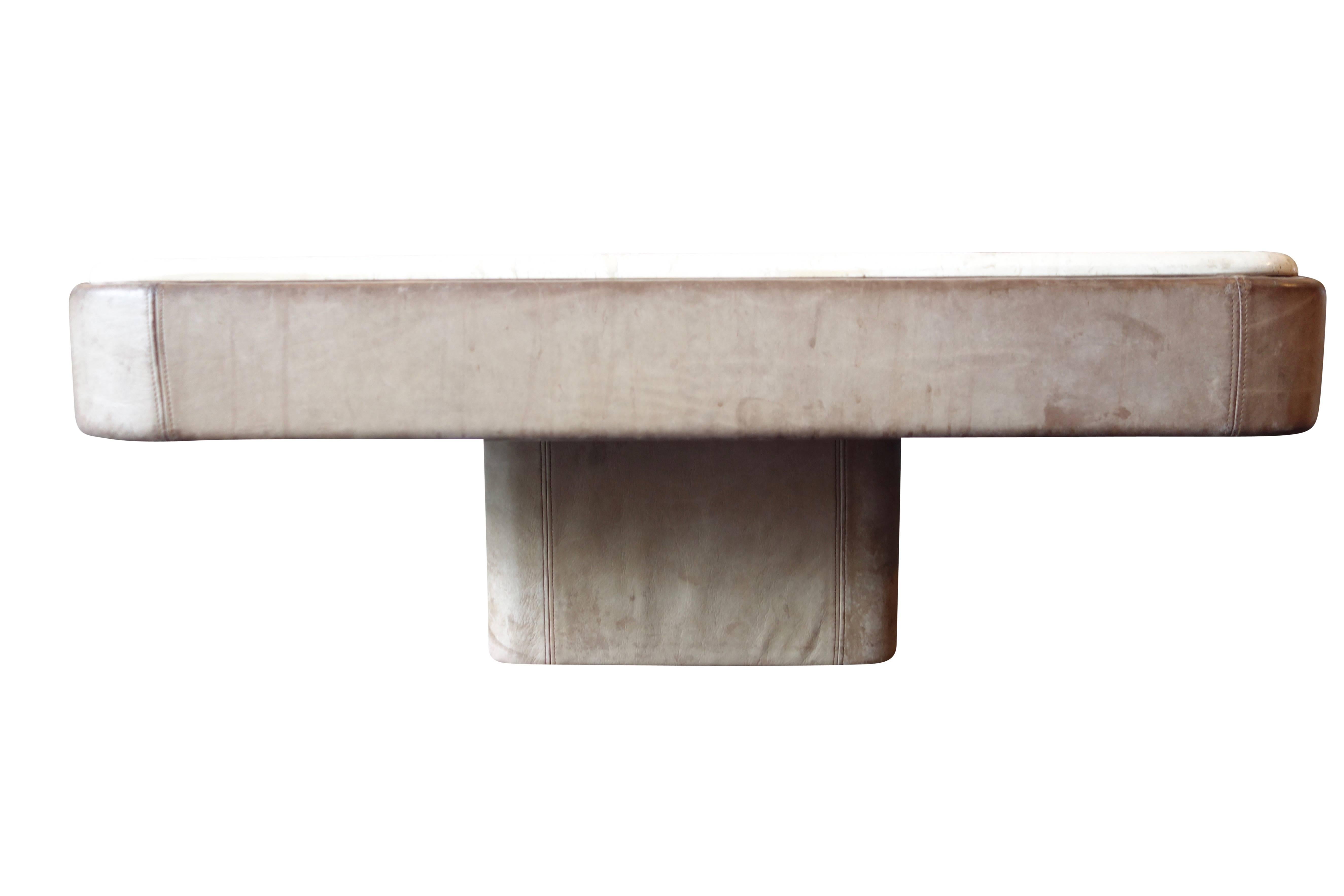 Gray Leather Coffee Table with Travertine Top by De Sede 3
