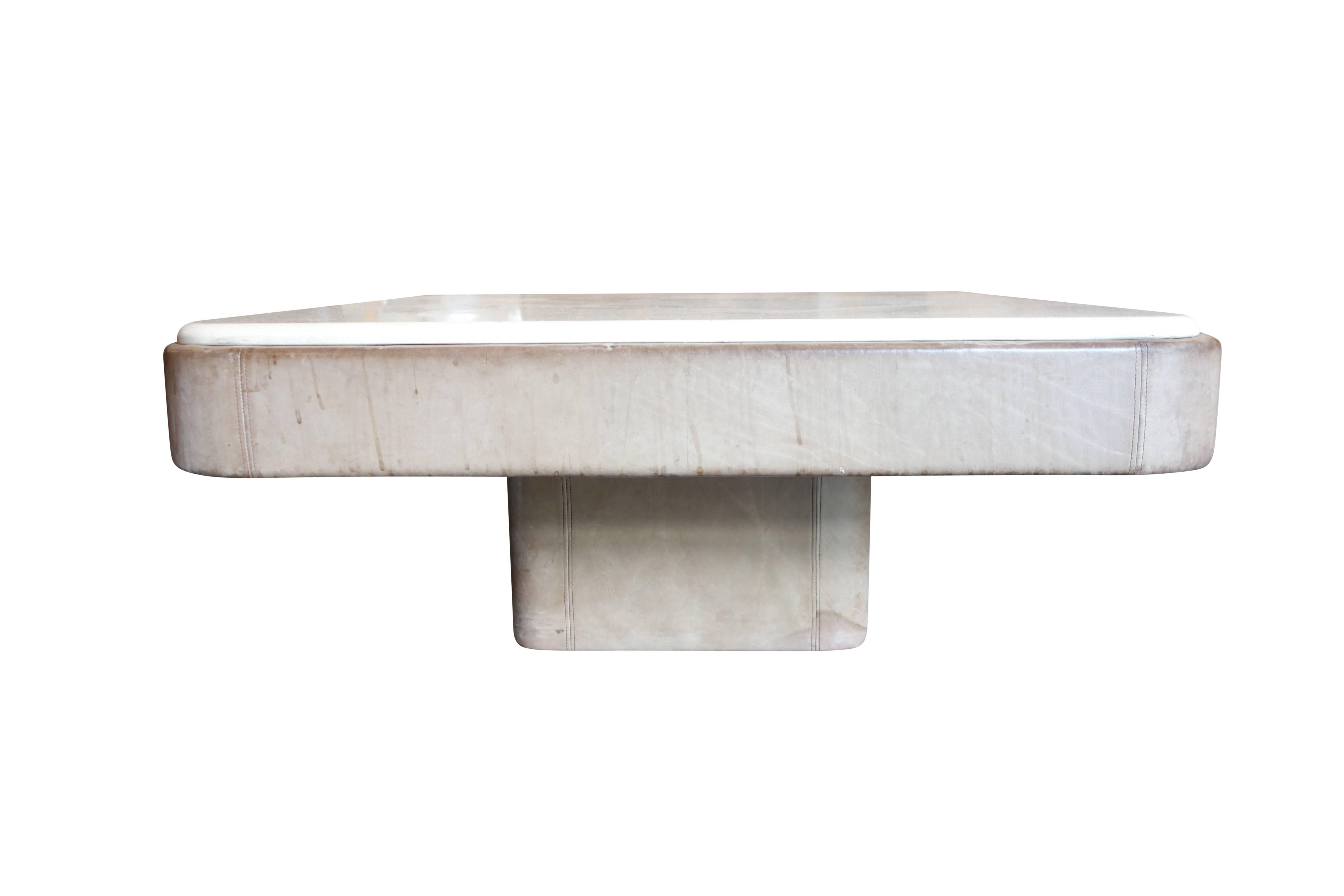Gray Leather Coffee Table with Travertine Top by De Sede 4