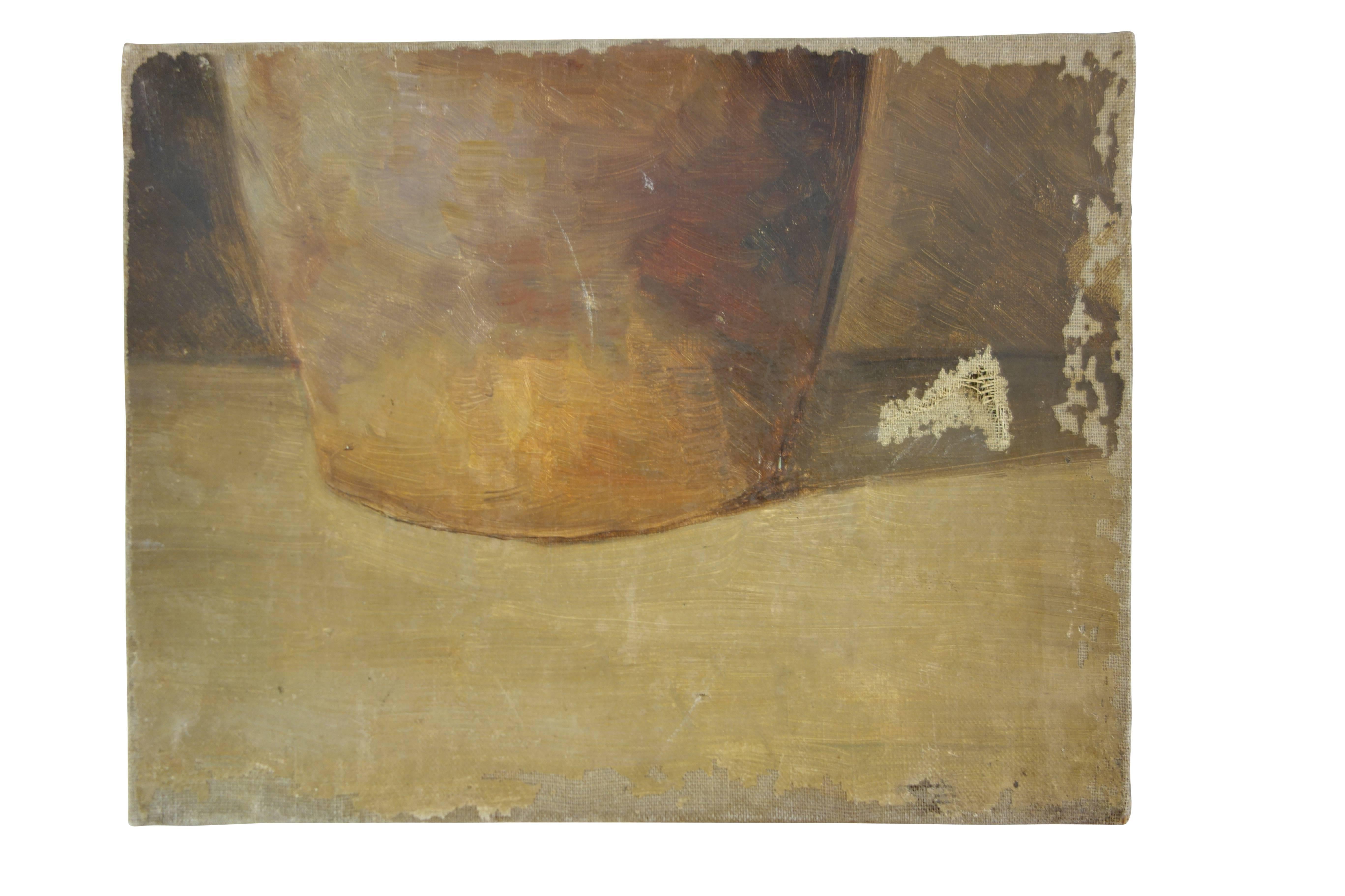 This is a small early 20th century oil on canvas still life of the bottom half of a jug from France.