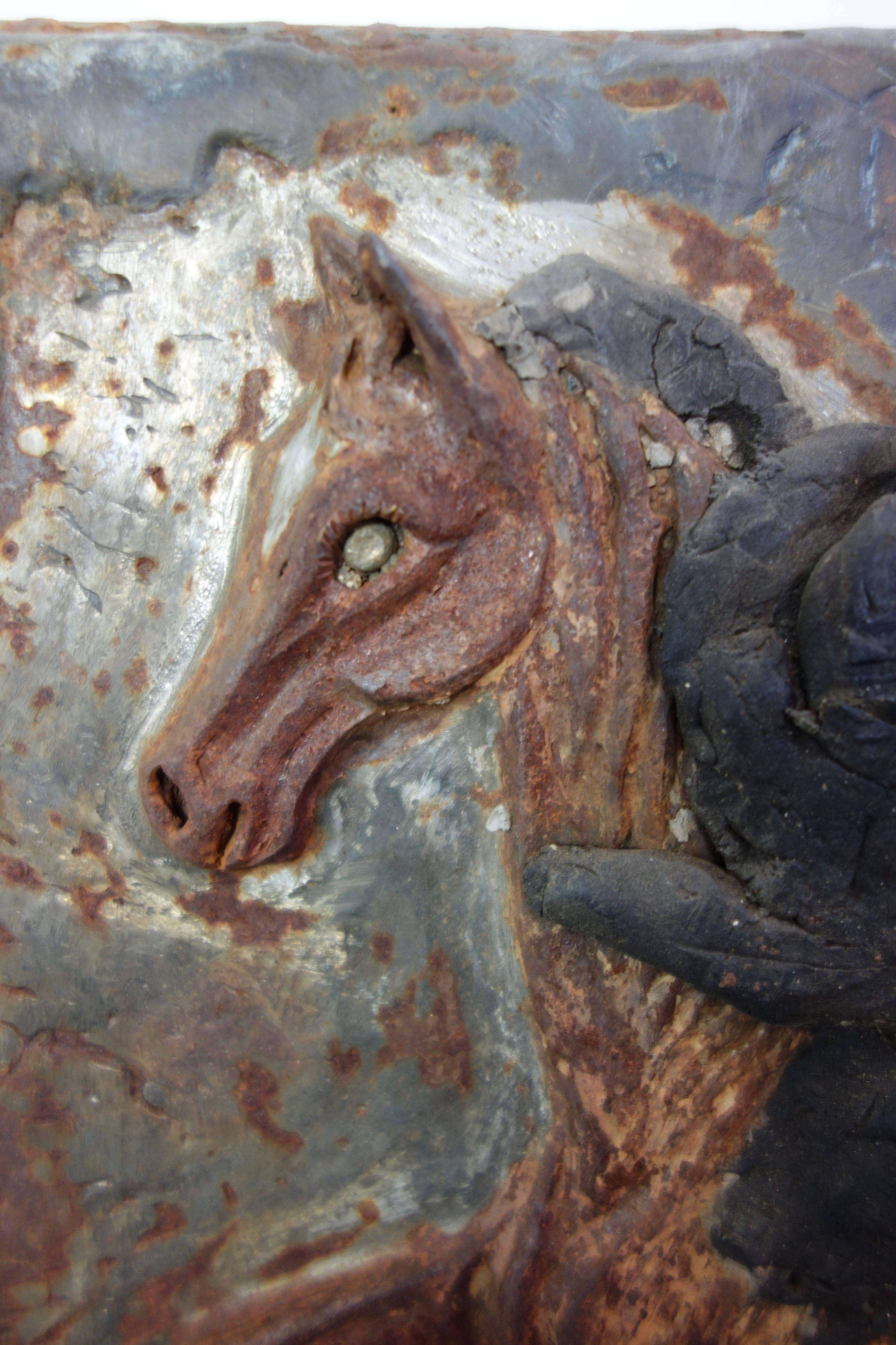 Cast Iron and Copper Plaque of a Horse and Rider from Texas In Good Condition For Sale In Seattle, WA