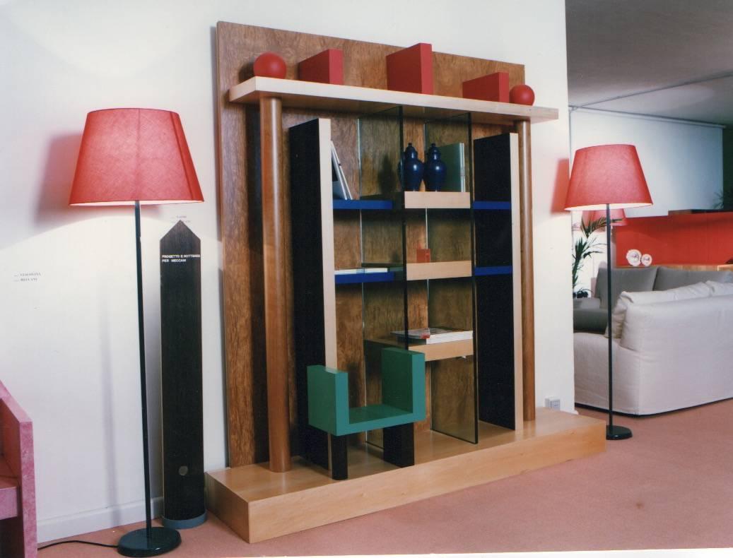 Bookcase by Ettore Sottsass designed in 1984 and manufactured in 1993 by Meccani (Italy). Limited Edition of 10
Excellent conditions
Finishes: Limewood, Wenge, Abet Laminati, Birarwood, lacquer, glass.