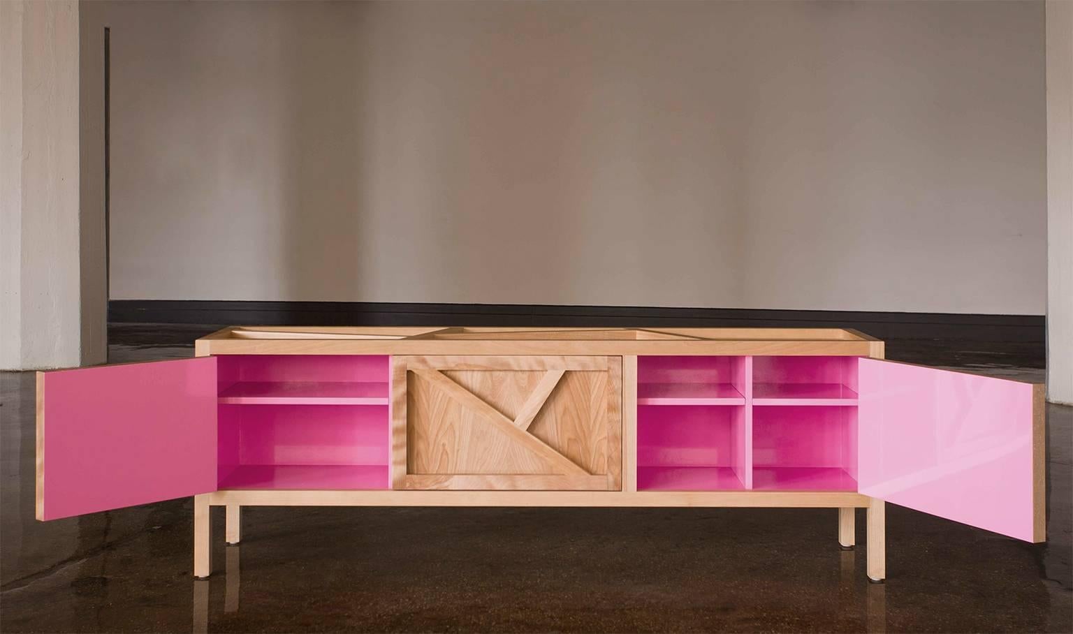 Stained Inside-Out sideboard Cabinet Largo, Fine Lacquer Pink Credenza cupboard in birch For Sale