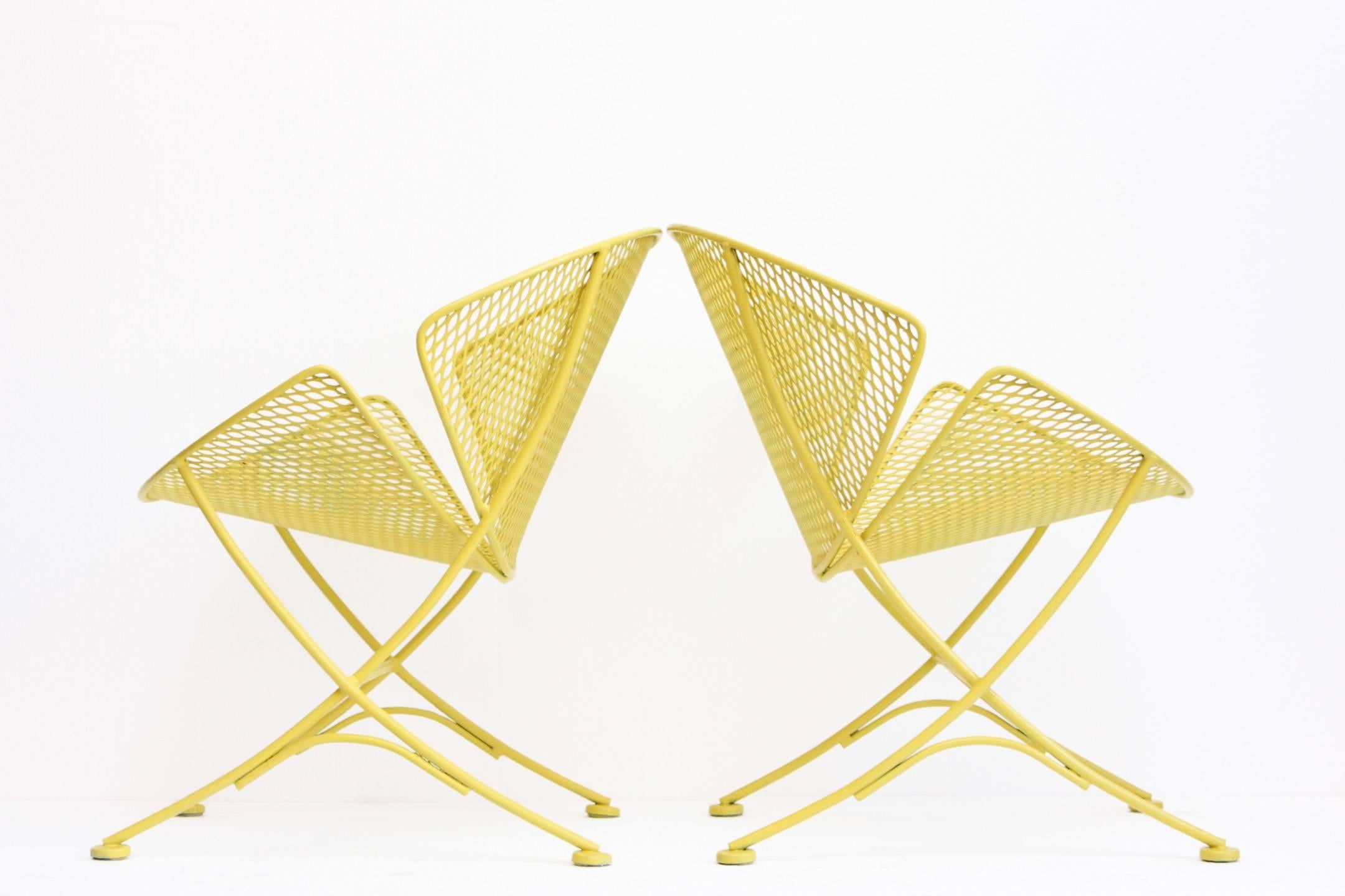 Maurizio Tempestini for Salterini orange slice / clamshell patio set. Two chairs and side table. Mesh + wrought iron, painted yellow. 