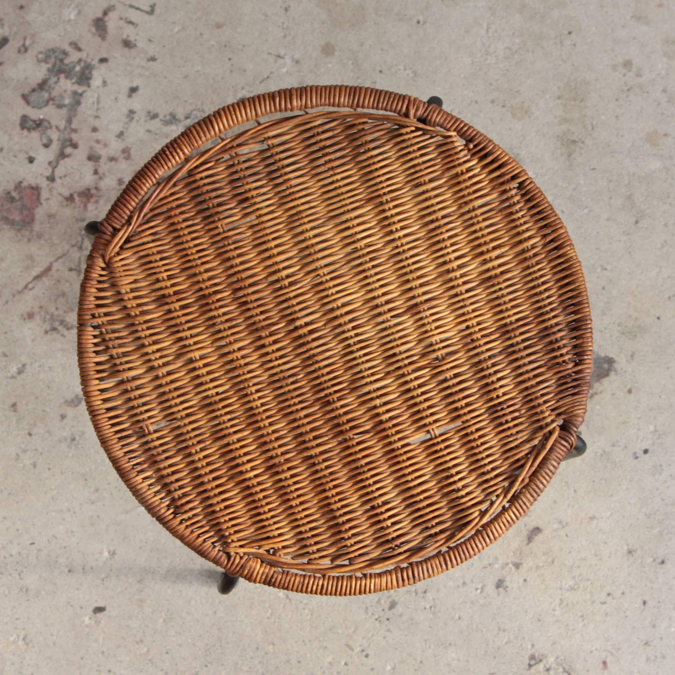 Mid-Century Modern Carl Auböck Side Table Rattan and Wrought Iron