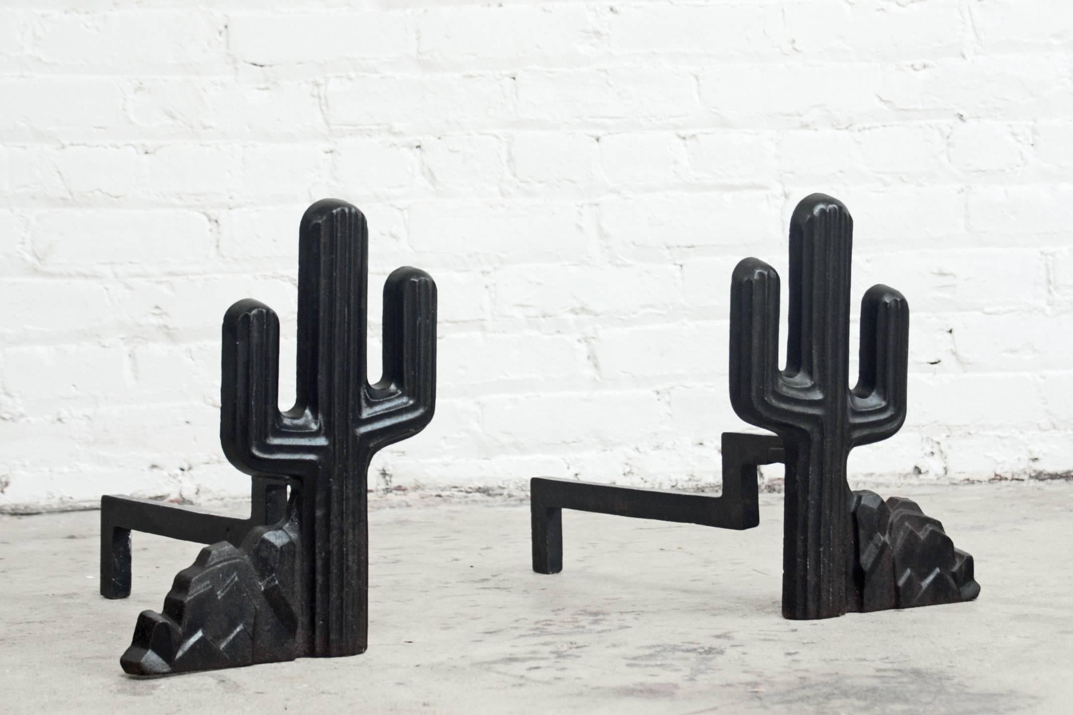 Pair of cast iron andirons in the form of cacti / cactus. The perfect fireplace decor for the desert Ranch house.