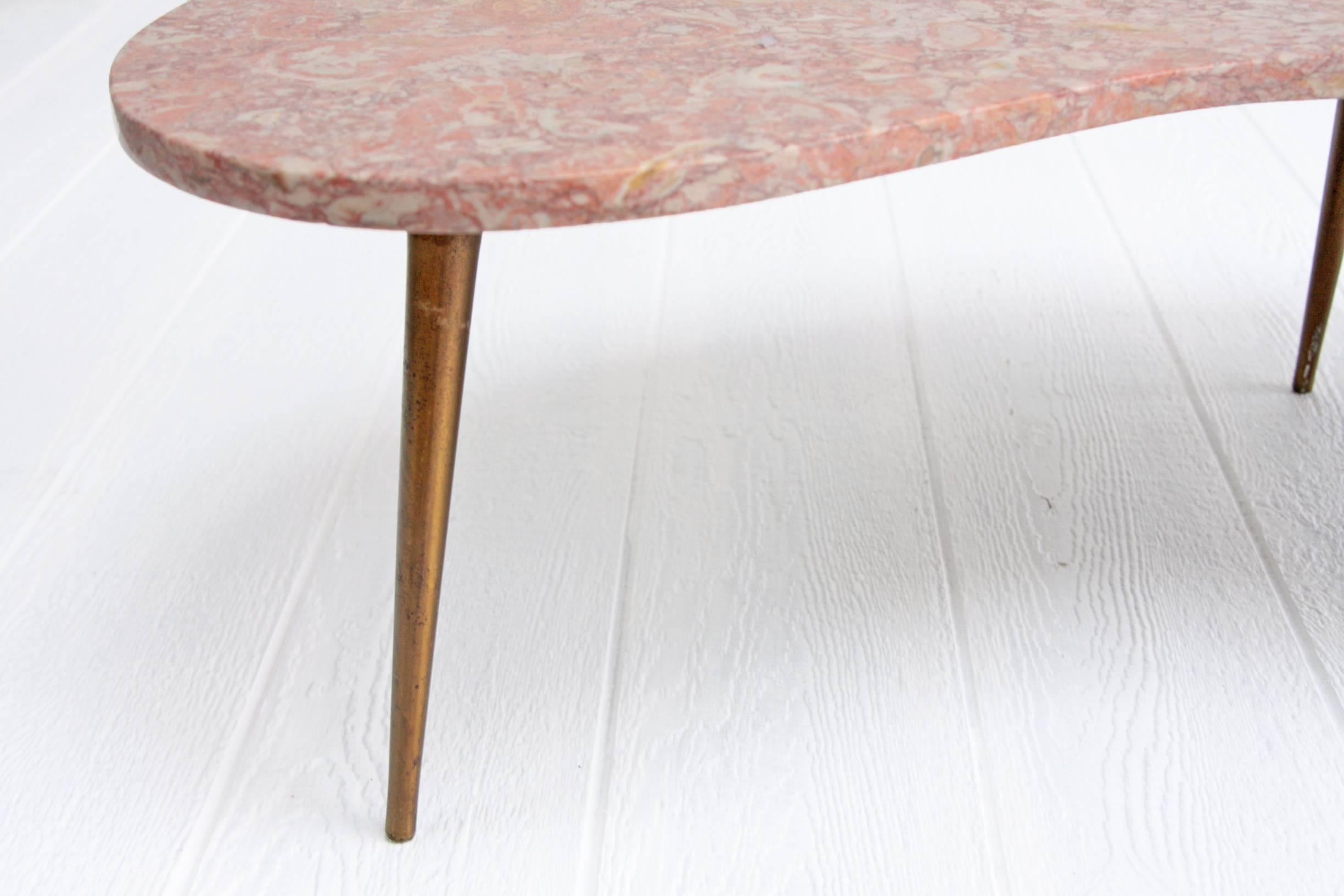 Mid-Century Modern Rene Brancusi Pink Marble Brass Leg Kidney Mid-Century Coffee Table 