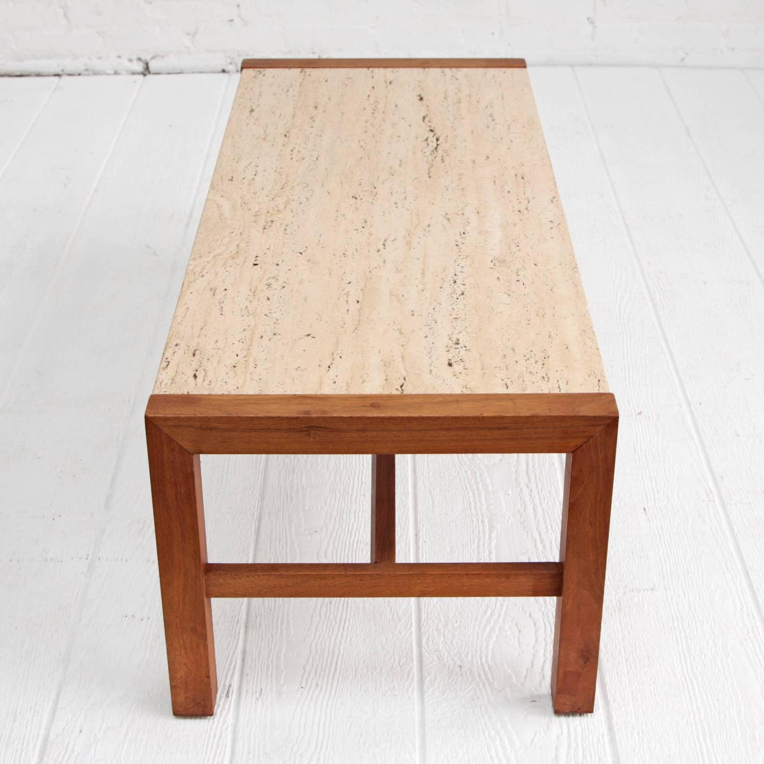 Travertine and Walnut Midcentury Coffee Table at 1stdibs