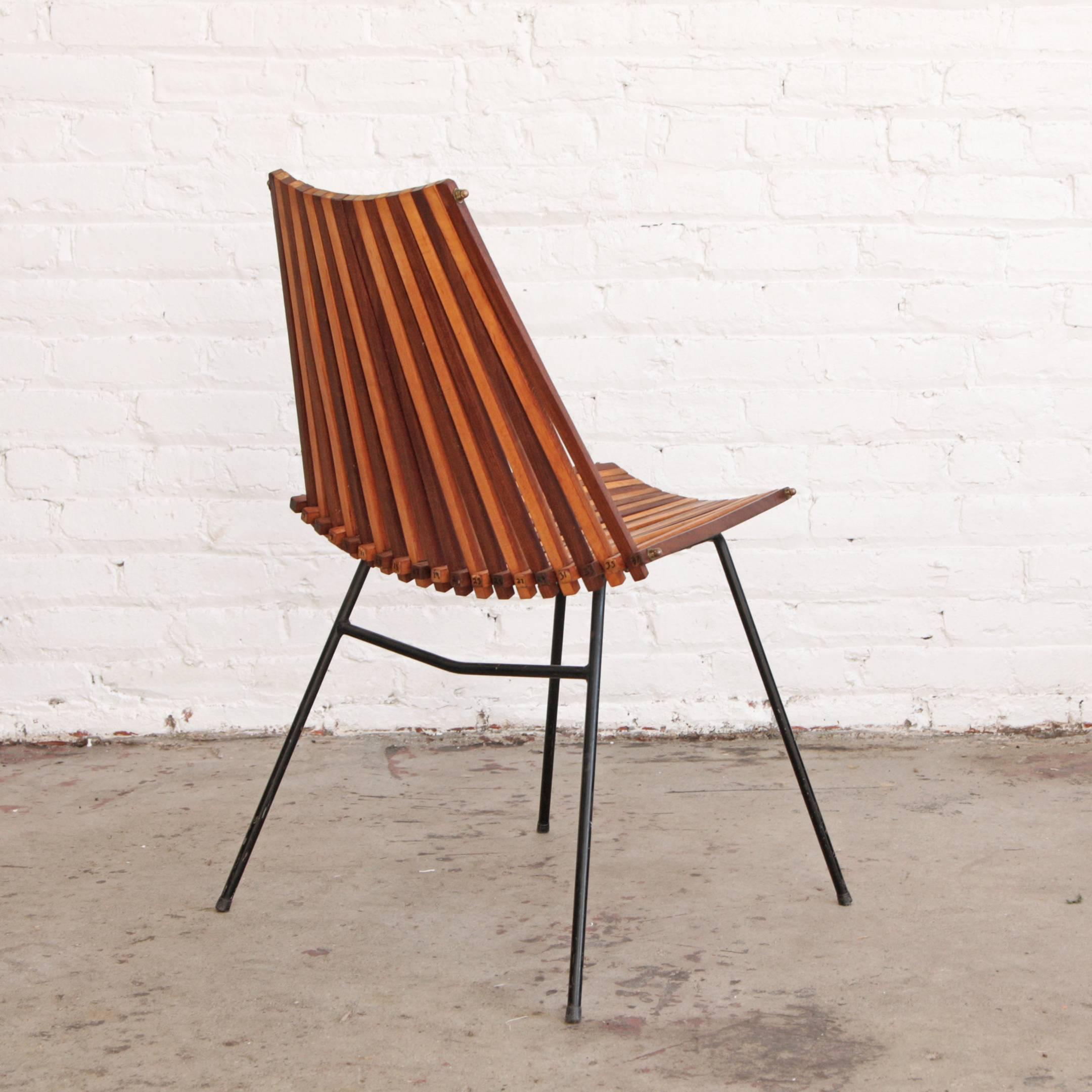 Lounge chair / side chair / desk chair by Dirk Van Sliedrecht for Rohé Noordwolde, Holland. Intersecting teak and birch two toned slats on wrought iron frame.