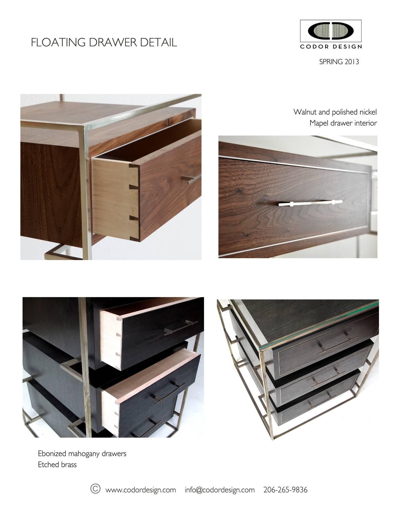 Beautifully constructed drawers float in this uniquely exposed frame. Deconstructing the Classic dresser allows the floating drawer dresser to feel modern and airy. Each drawer is built with traditional dovetails and metal inlay, bringing together