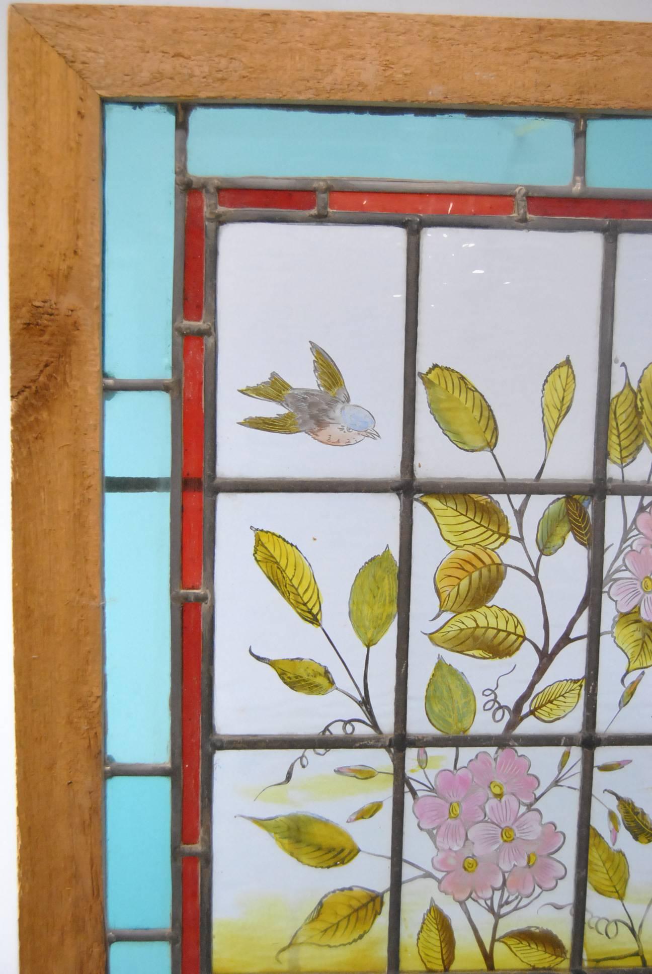 American Victorian Hand-Painted Stained Glass Window with Swallows and Dogwood Blossoms