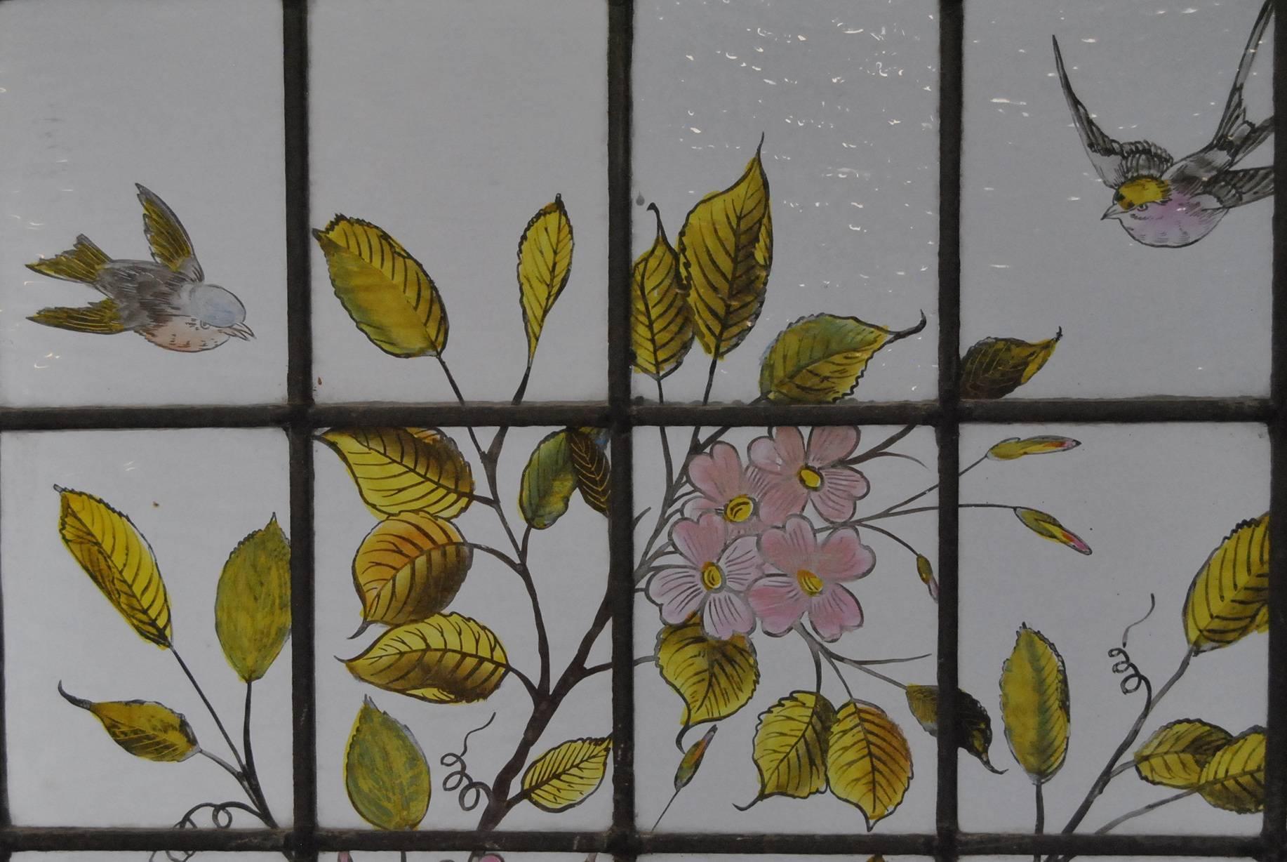 Victorian Hand-Painted Stained Glass Window with Swallows and Dogwood Blossoms In Good Condition In Toledo, OH