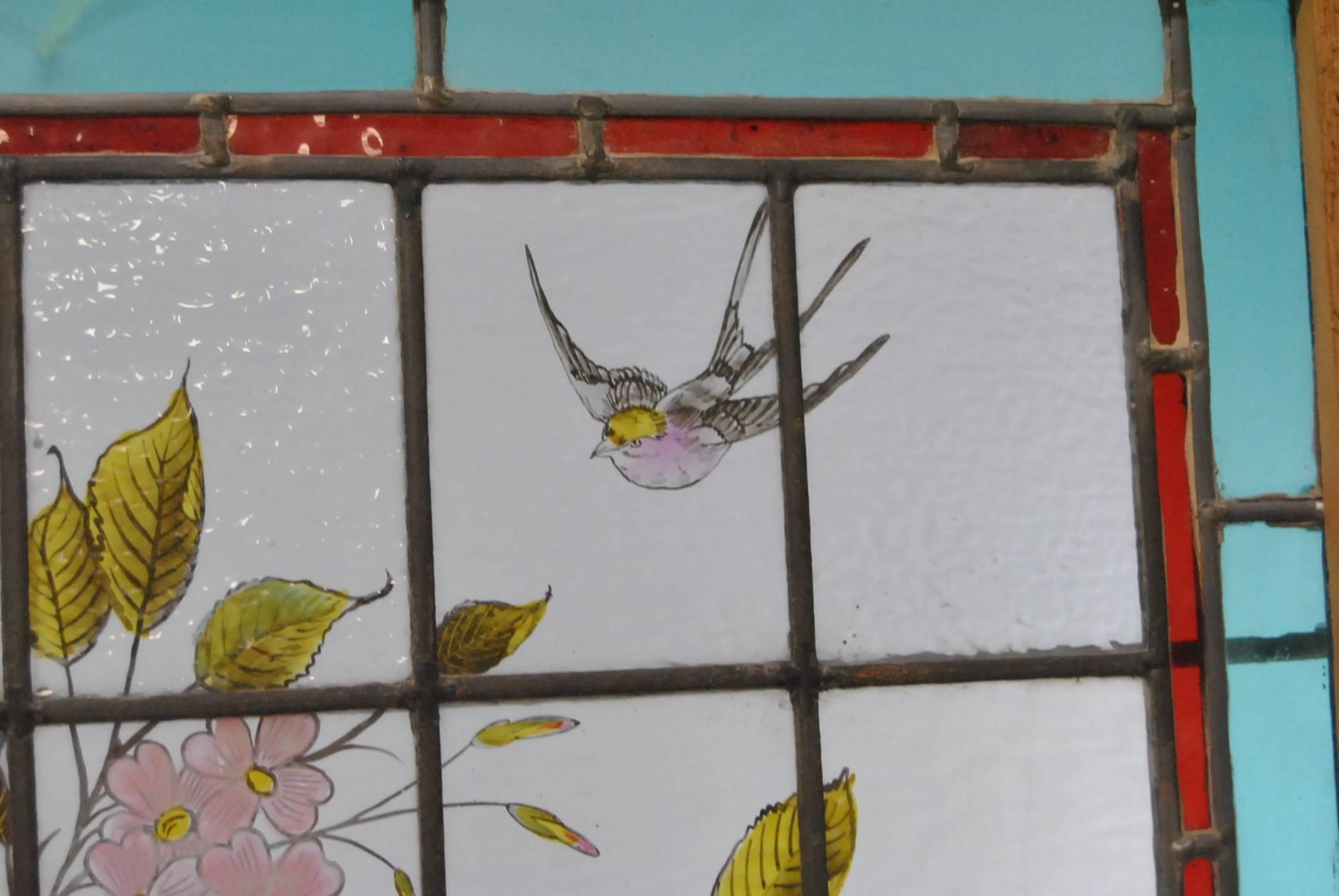 Late 19th Century Victorian Hand-Painted Stained Glass Window with Swallows and Dogwood Blossoms