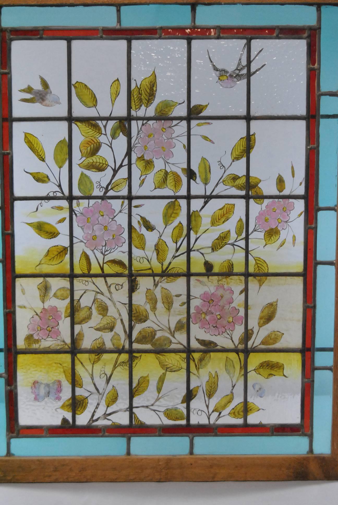 Victorian Hand-Painted Stained Glass Window with Swallows and Dogwood Blossoms 1