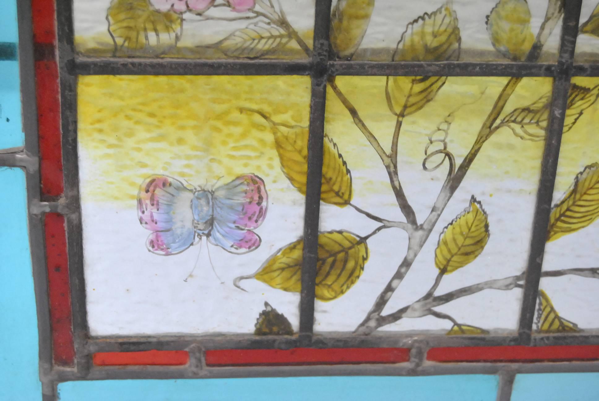 Victorian Hand-Painted Stained Glass Window with Swallows and Dogwood Blossoms 3