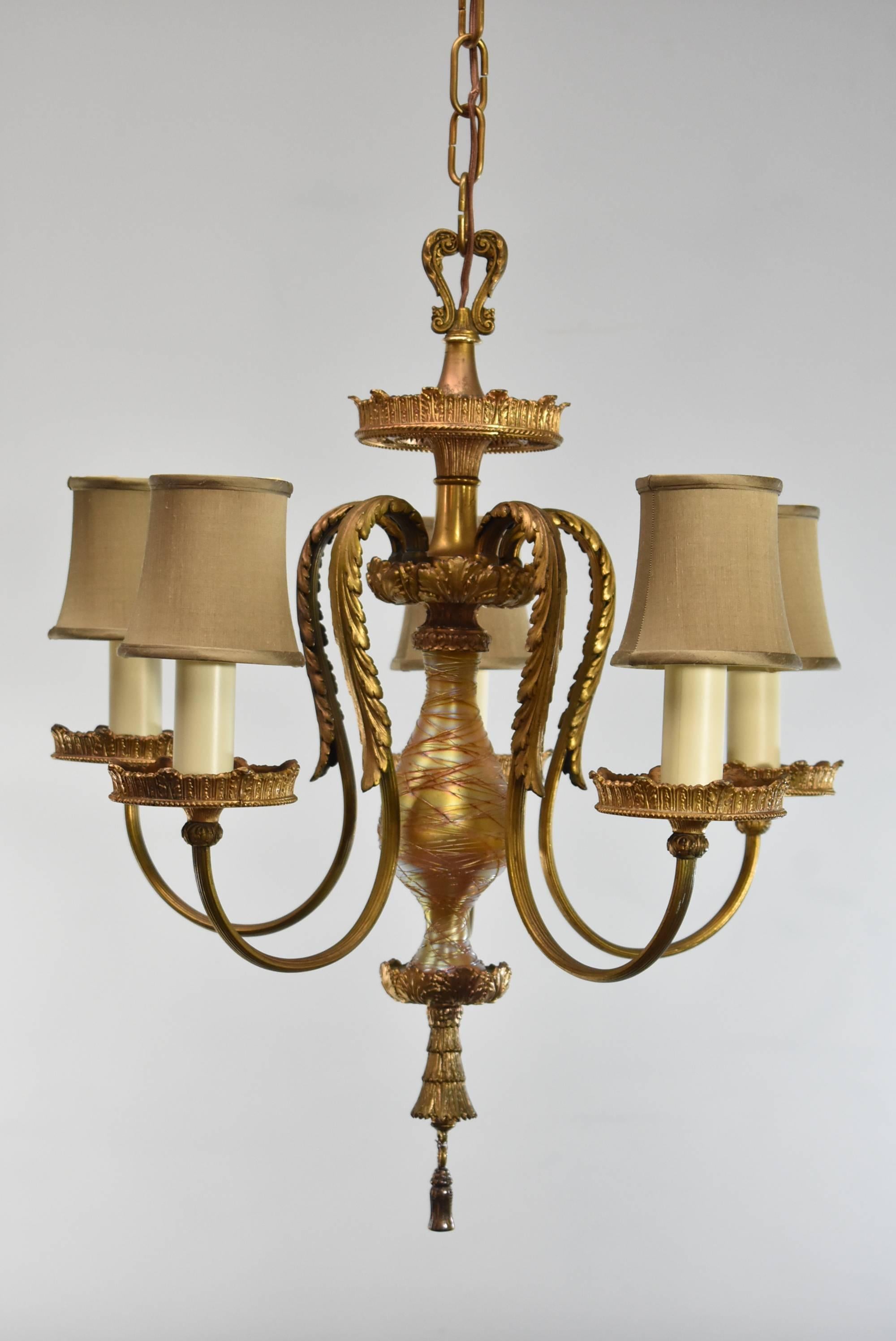 Durand Art Glass Five-Arm Chandelier with Gold Dore In Good Condition For Sale In Toledo, OH