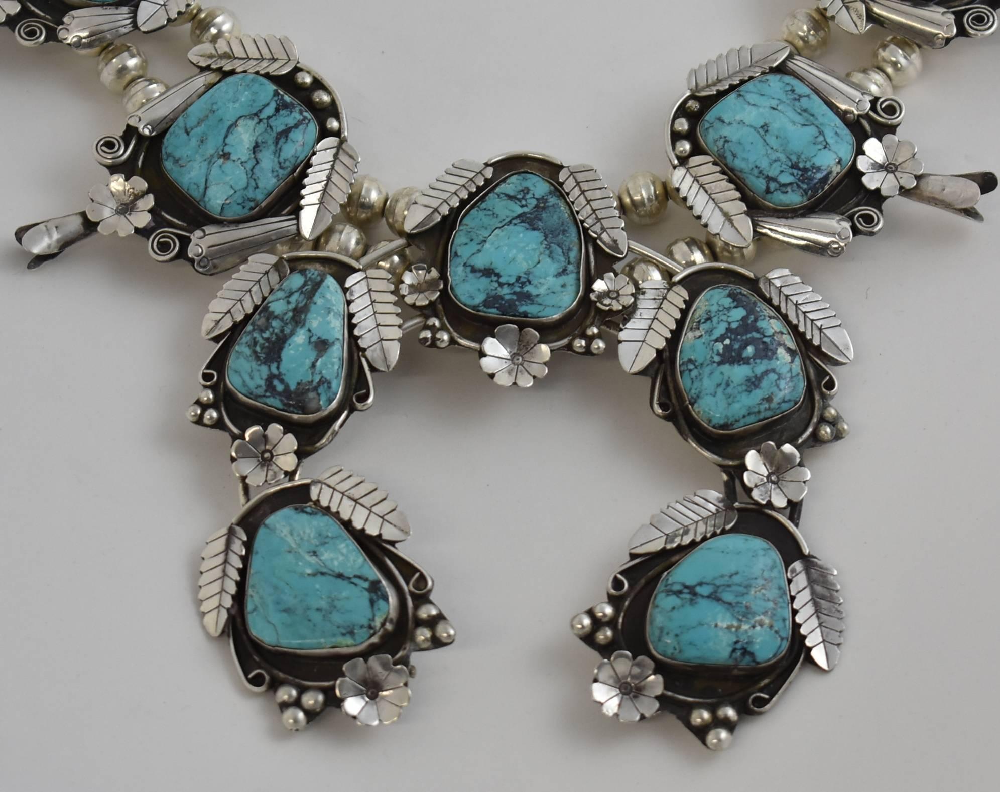 Native American Vintage Oversize Silver and Turquoise Squash Blossom Necklace JG Marked