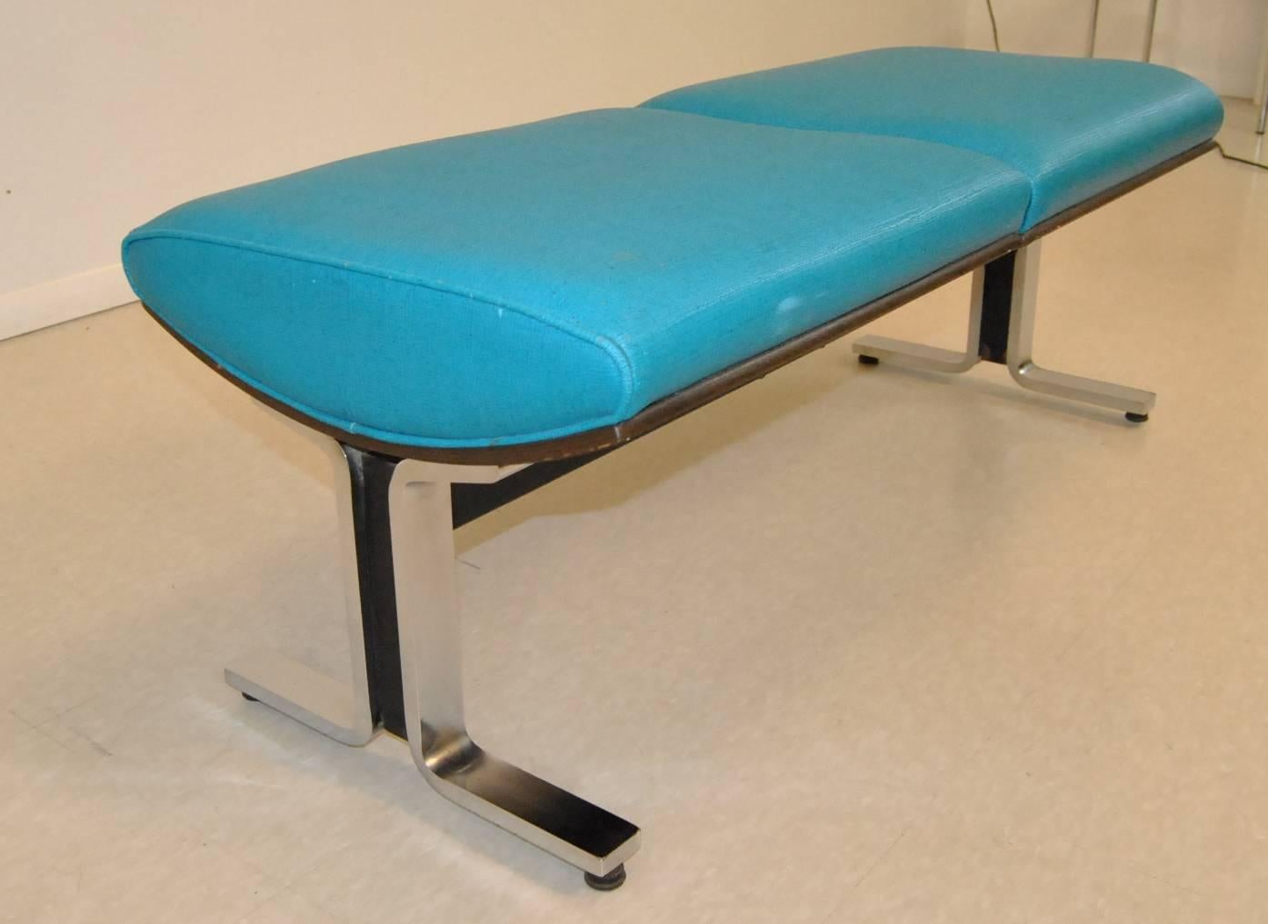 Mid-Century Modern Turquoise Upholstered Bench Attributed to Thonet Steel Chrome