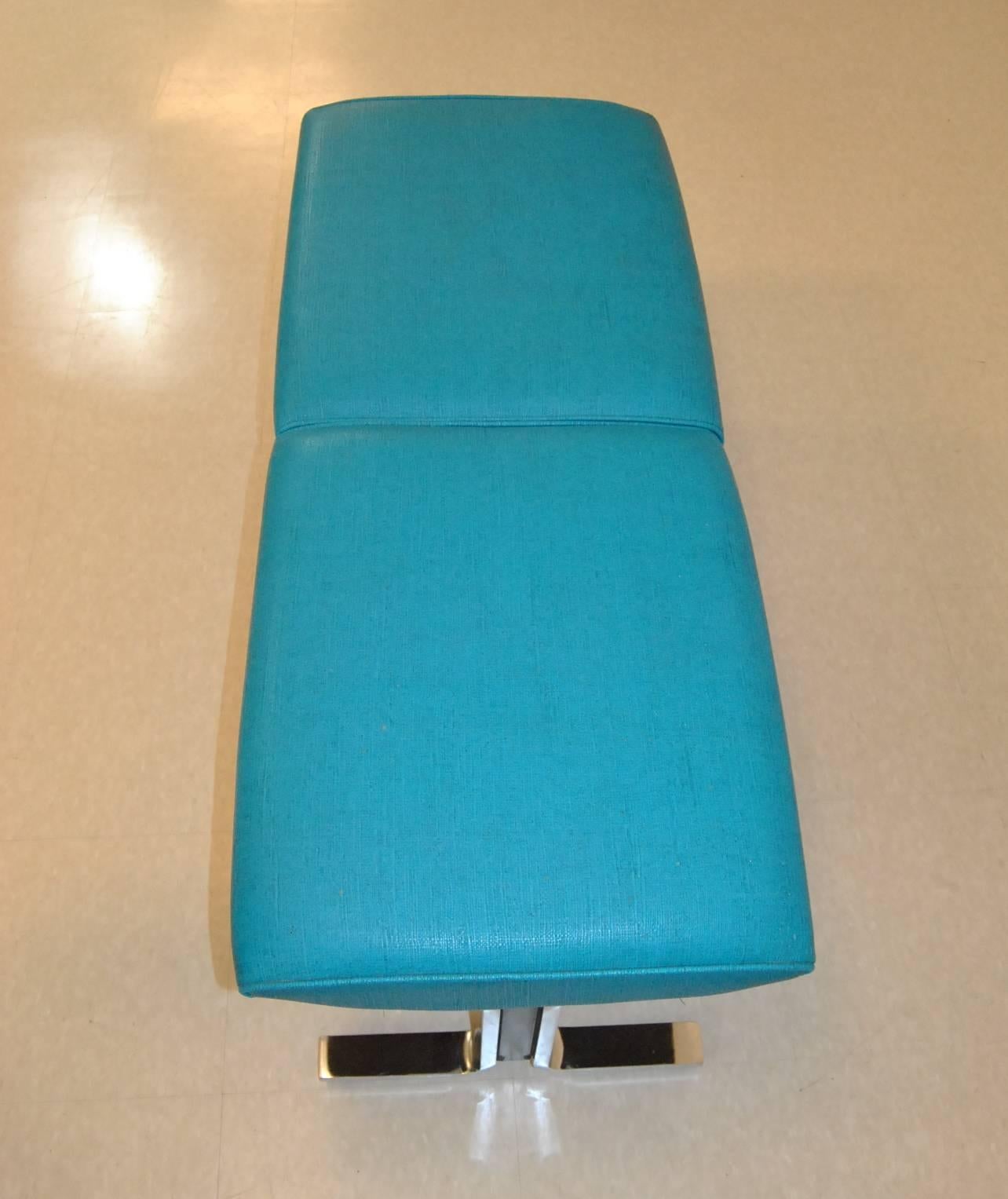 European Turquoise Upholstered Bench Attributed to Thonet Steel Chrome