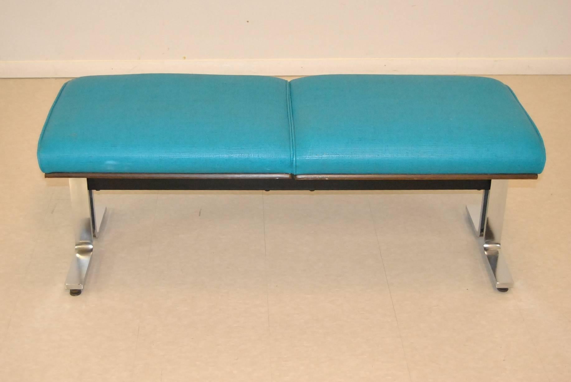 Turquoise Naugahyde upholstered bench with chrome-plated supports and heavy steel frame. Bent plywood seat. Bench is attributed to Thonet. Very good condition with minor wear to seat. Dimensions: 18.5