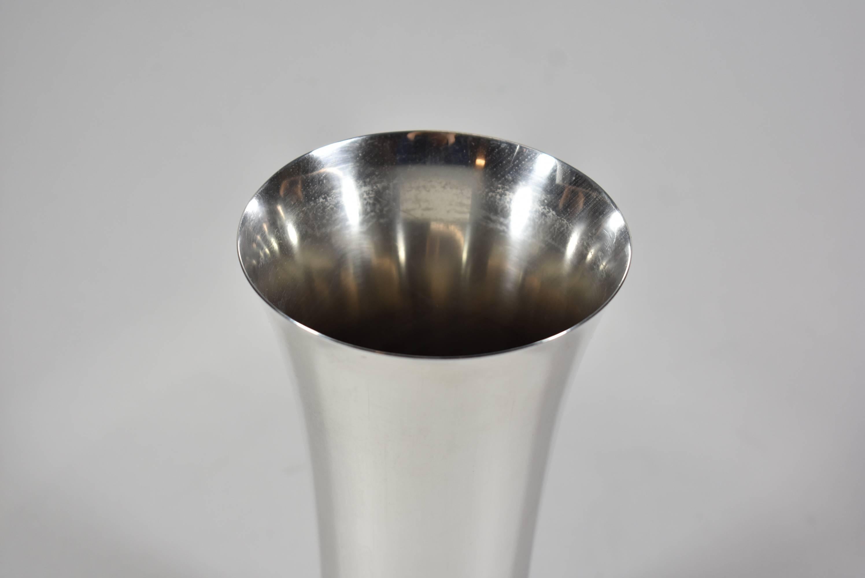 A rare sterling silver vase by Sigvard Bernadotte for Georg Jensen, no. 819C. Prince Sigvard (son of the King of Sweden) designed for Jensen from the late 1930s to mid-1940s and the Jensen hallmark is consistent with that timeframe. Fully hallmarked