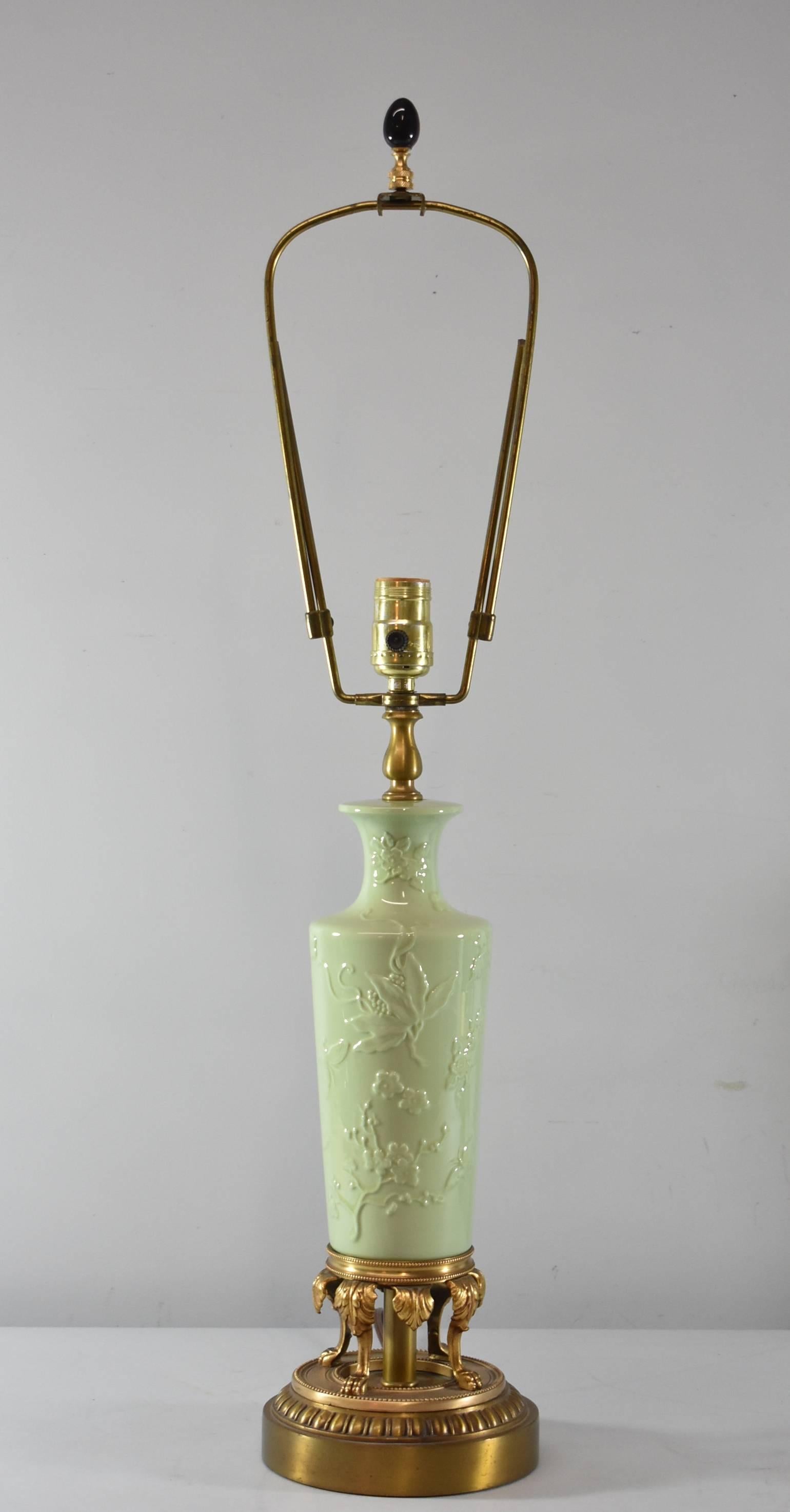 Pair of Celadon Porcelain Brass Table Lamps In Good Condition In Toledo, OH