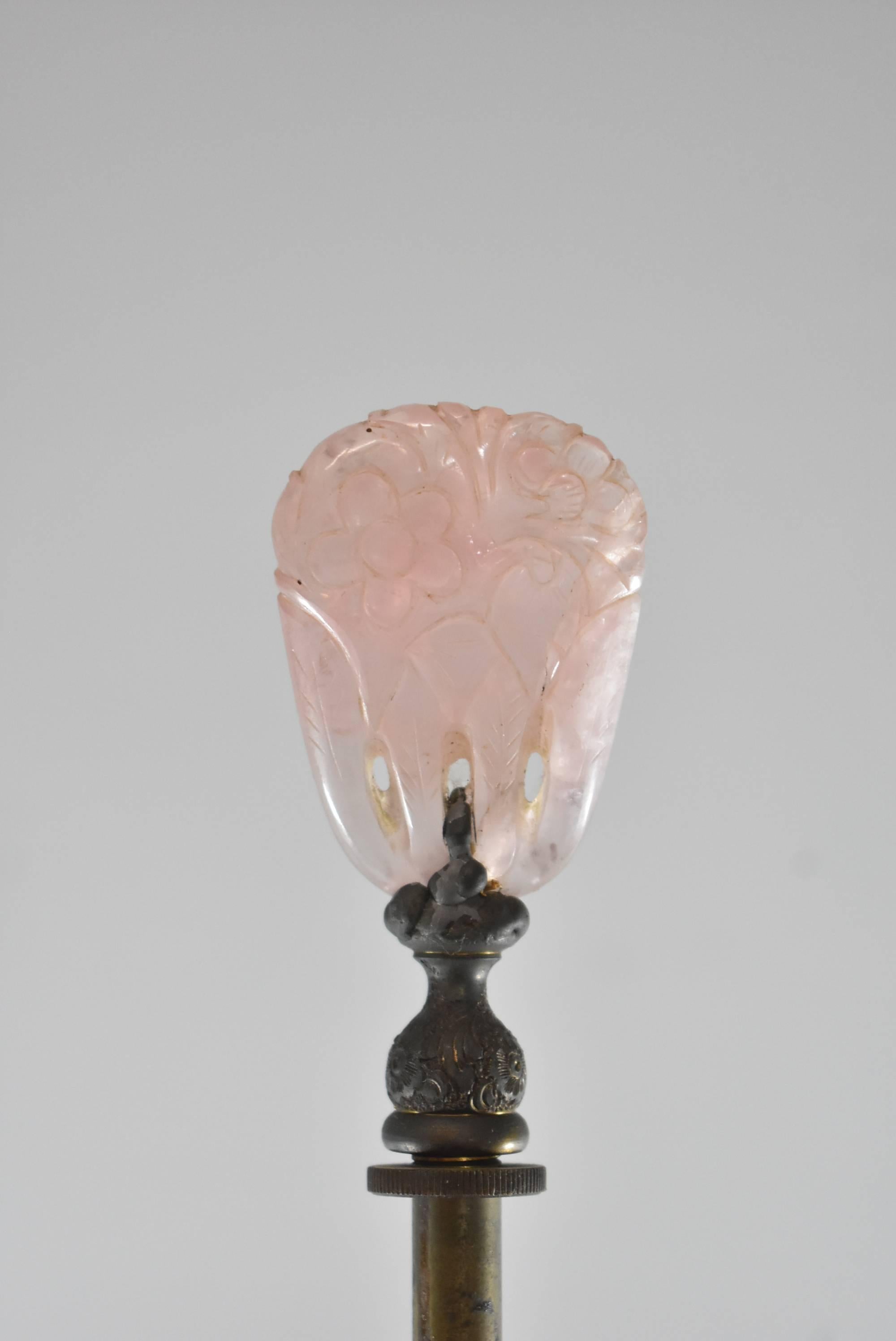 Antique Asian Rose Quartz Carved Table Lamp In Good Condition In Toledo, OH