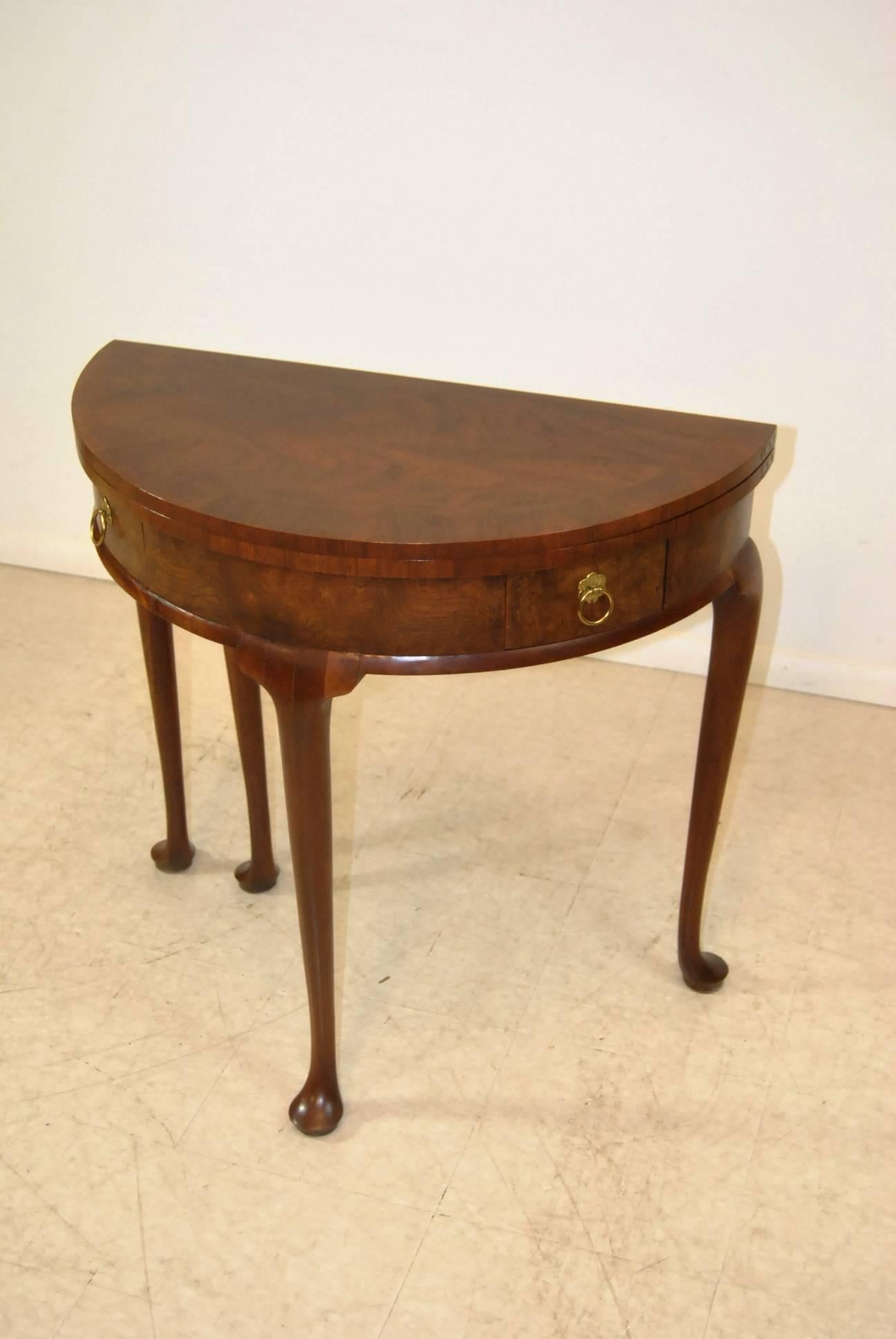 American Georgian Demilune Game Table by Baker Banded Top Two Drawers