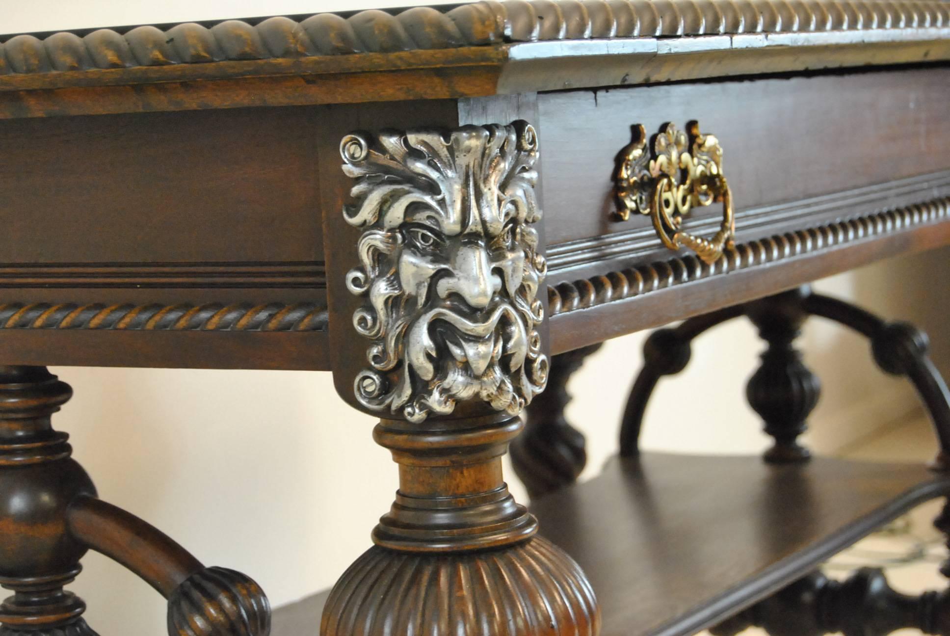 Victorian Antique Mahogany Library Table with Mythical Male Figure and Rope Twist Detail