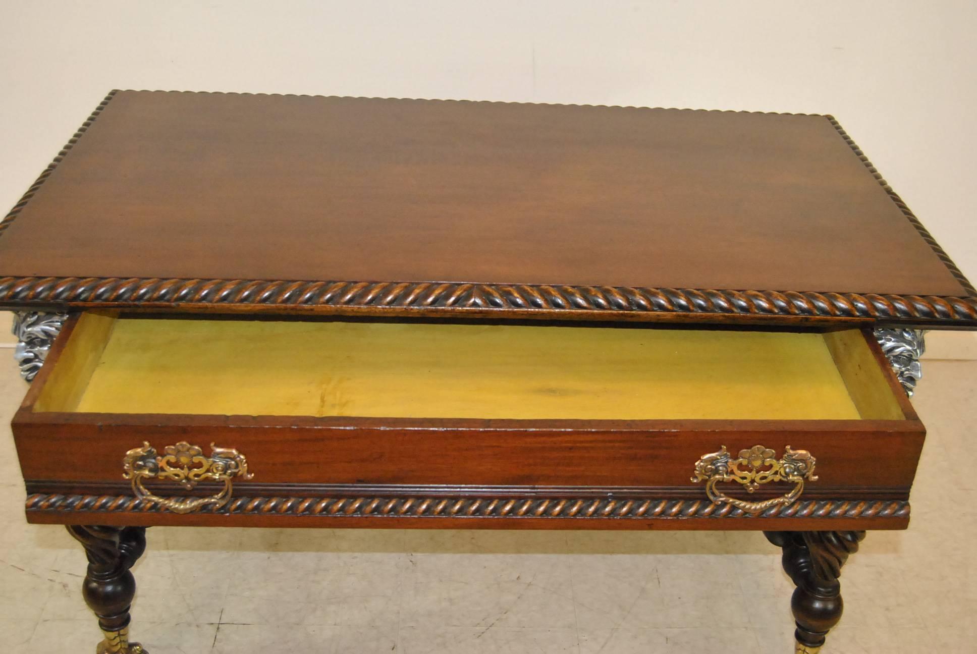 Antique Mahogany Library Table with Mythical Male Figure and Rope Twist Detail 3